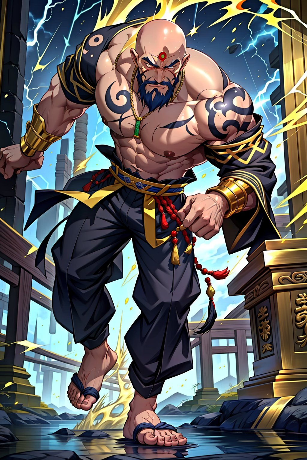 Grand Master Keshinsu stands 5'6", camera angle framing him from above, gazing downward in awe. His bald head and long white beard exude wisdom, while intense eyes radiate power. Muscular physique, shirtless, showcases rippled abs, Asian features conveying cultural discipline. Futuristic Shaolin-style pants, gold and bronze metal accents, adorn his lower half, sans shoes. Surrounding him, golden light, sparks of blue lightning energy swirl around his feet, entwining his white beard and scars, as if channeling ancient wisdom, Akatsuki's fiery essence, Wuwa's sacred power.,Add more detail,