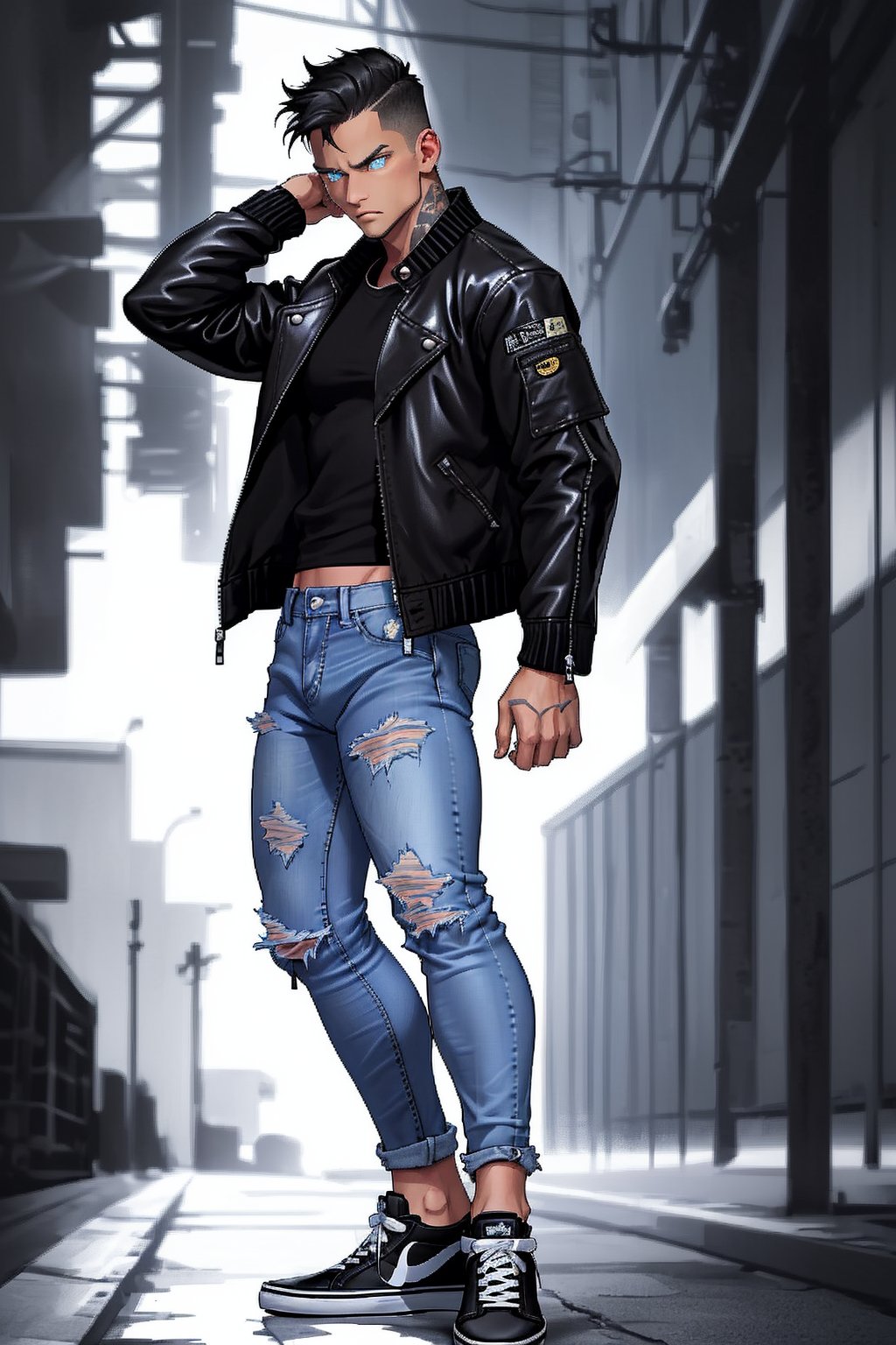 full body shot of a man posing in a fighter's stance, wearing a sleek black jacket with fitted sleeves, high-waisted acid washed jeans that rip at the knees, and matte black Vans shoes. The jacket is unbuttoned, revealing a ripped muscular frame underneath. His eyes are intense, gazing straight ahead with a hint of determination. 