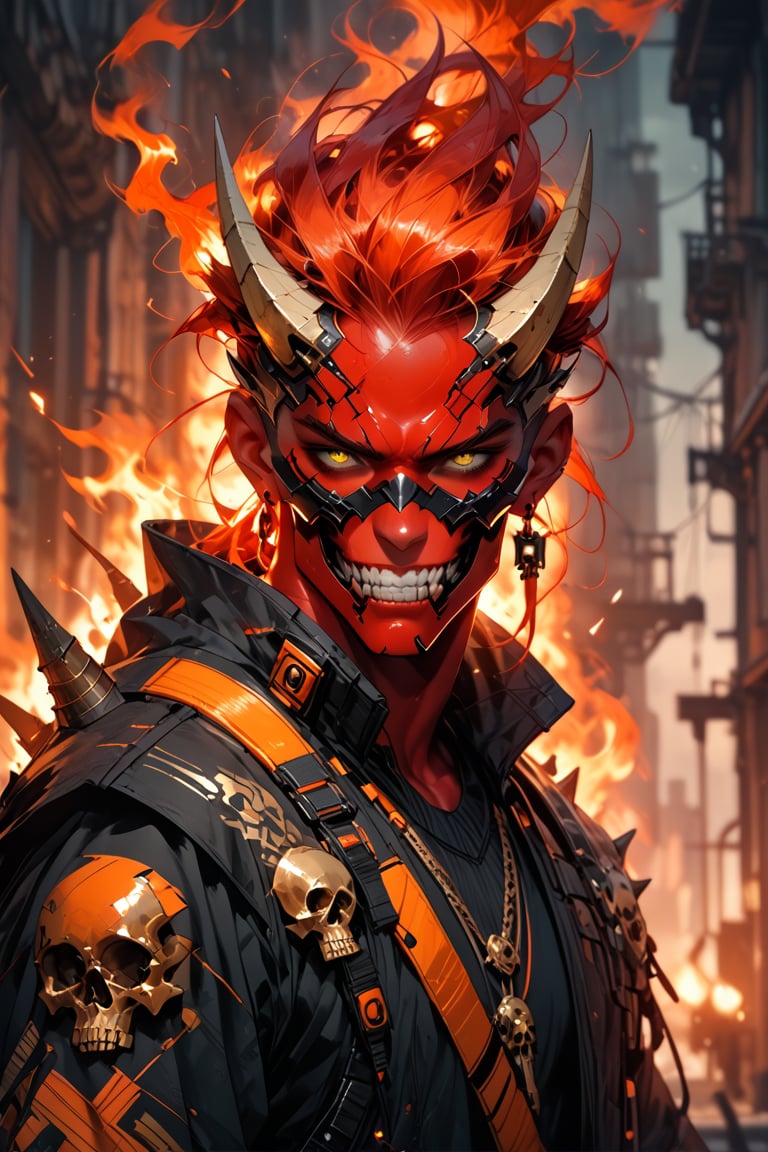 a full-body shot stands tall (score_9, score_8_up), score_7_up, 1 red skinned man, muscular, metal black half mask covering his mouth, showing top half of face, industrial theme, glowing yellow eyes, White and yellow futuristic battle suit, spikes, teeth, solo, cyberpunk, ivory horns, fire hair, floating fire hair, skull, shiny, orange cowl on  attached to black royal cape,
Depth of field, blurring background, cinematic lighting, full_body
