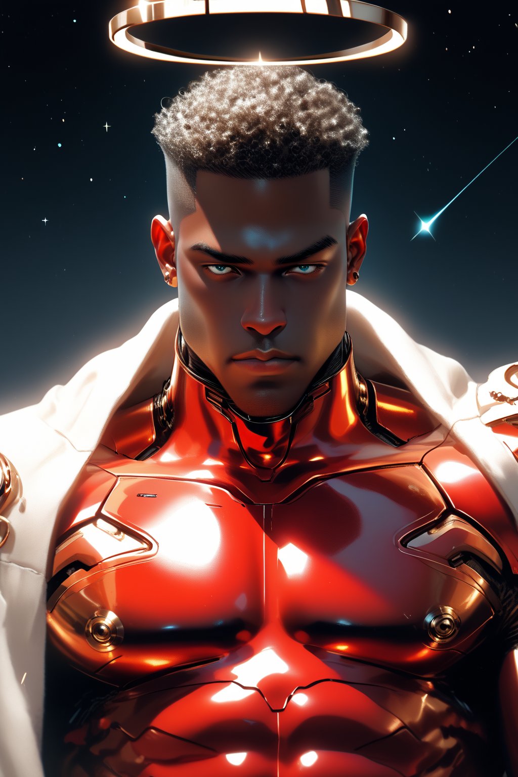 BBM Atomus, a robust black male figure with bronze skin, hovers above Earth, his strong muscular physique emitting universal strength. Dressed in a chrome-red metallic power suit, adorned with a large silver letter A, he wears a long flowing silver cape that floats around him like a halo. His low-cut hair is slicked back, and his white eyes glow with an otherworldly intensity, devoid of pupils. Framed against the deep blackness of space, Atomus's powerful physique appears even more formidable as he radiates energy and strength. brown tone skin. score_9_up score_8_up score_7_up