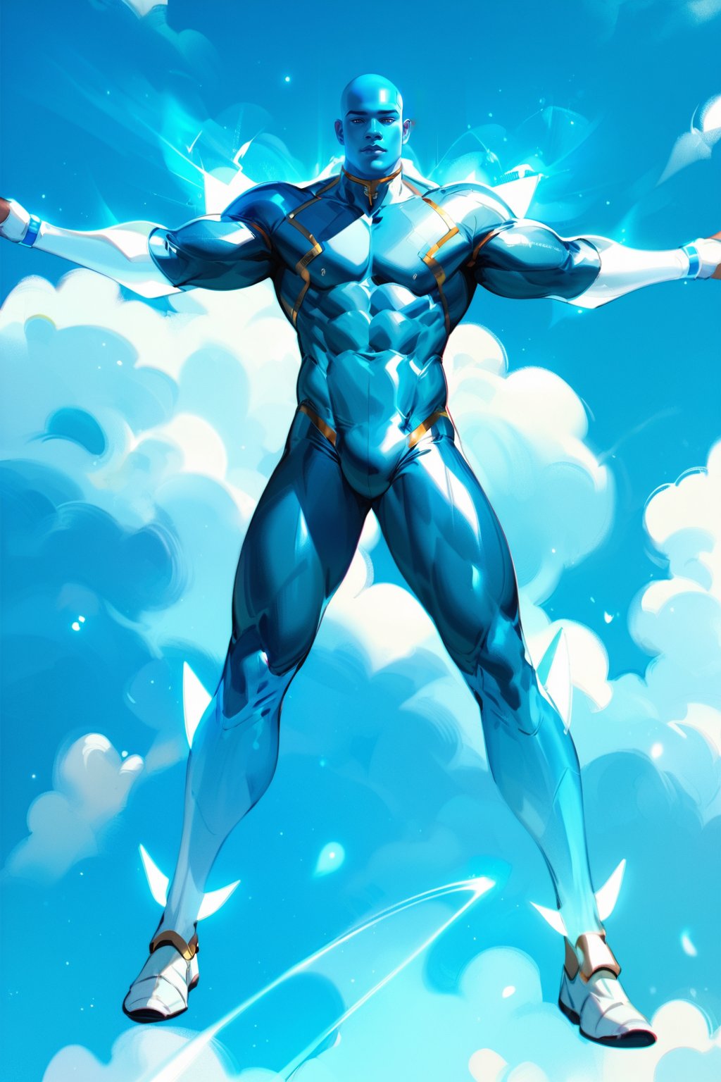 .,masterpiece, 1_male (full body shot).,best quality. score_9_up score_8_up score_7_up,BBM a sky-blue skinned humanoid being, gazing intensely with electric gray eyes that seem to pulse with energy. His glossy, sky-blue complexion gleams in the light, accentuating his toned physique and defined abs. He wears futuristic latex pants adorned with silver metals that reflect the illumination, drawing attention to his sleek, bald head. The yellow design covering most of his face appears like a dynamic shield, radiating an aura of superhuman strength.