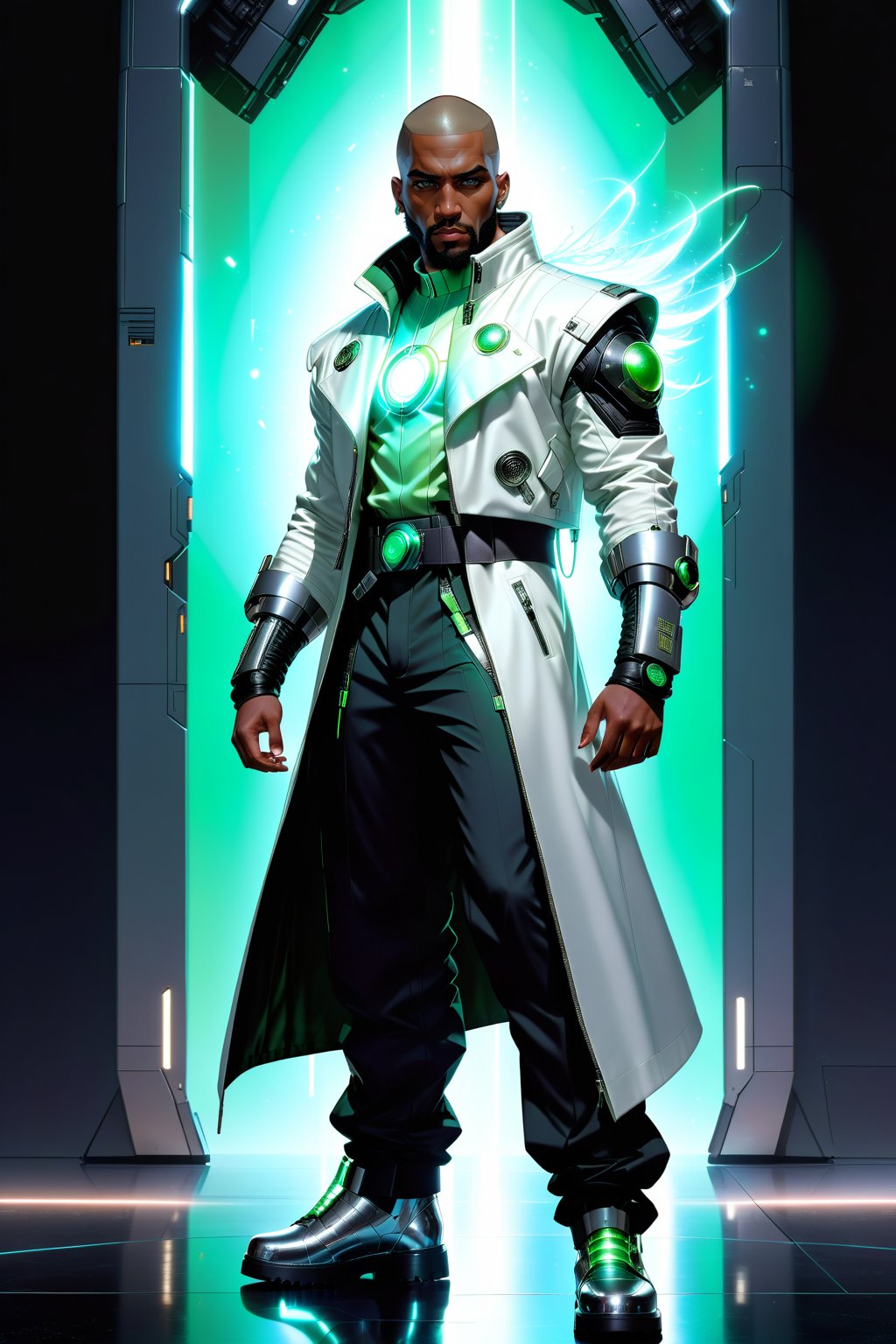 Against a backdrop of hovering spacecraft, a powerful 25-year-old black male stands tall, radiating strength. His shaved buzz-cut head is adorned with silver earrings. A sharp full beard frames his chiseled features. He wears a sleek white coat with metallic zippers and straps, one sleeve rolled up to reveal a glowing magical arm. A form-fitting light green with BRAWLERS BLITZ on the front of shirt hugs his torso, belted at the waist. Black futuristic pants mirror the coat's design. Glowing shoes on his feet complete the urban-chic ensemble as he stands in an action pose, exuding confidence.