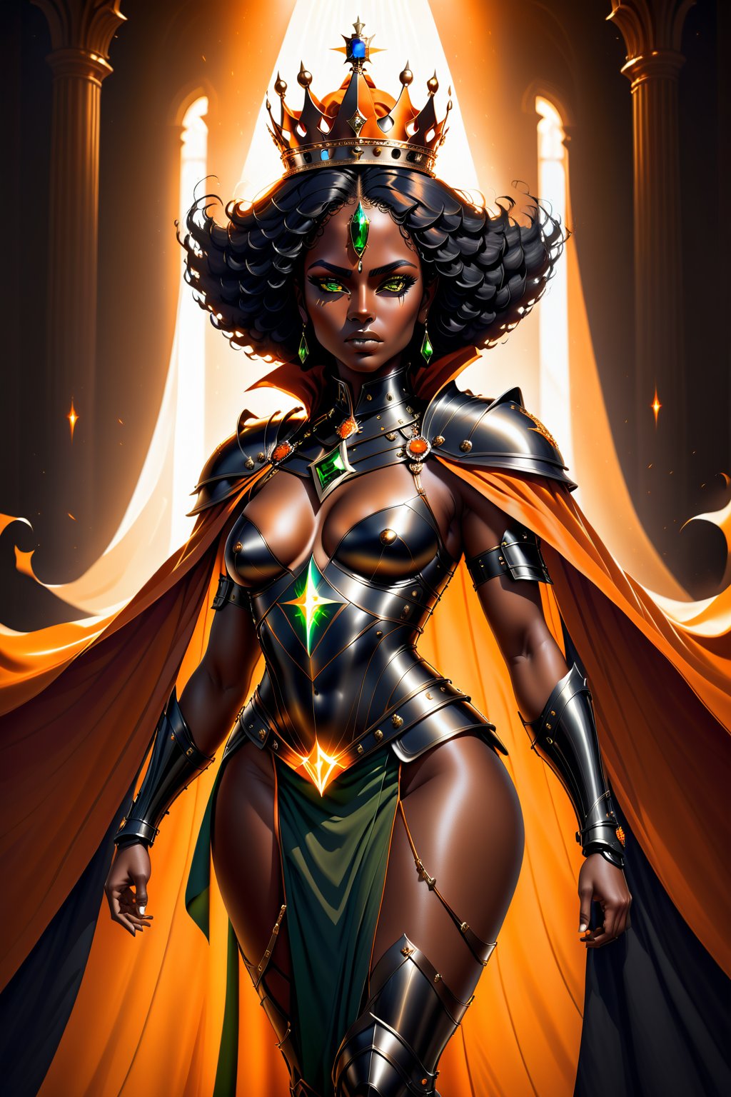 A powerful black female Queen stands sexy, her full-bodied figure radiating confidence. Her rich, dark brown skin glistens under the warm light of a beautiful backdrop, where black and orange battle shoulder pads with royal cape, seem toreflict the scene around her. Orange glowing lines etch across her royal military armor, pulsing with an otherworldly energy. Her beautiful, piercing green eyes burn with seduction,  Woman-Queen crown made of light energy, power, black woman,full body