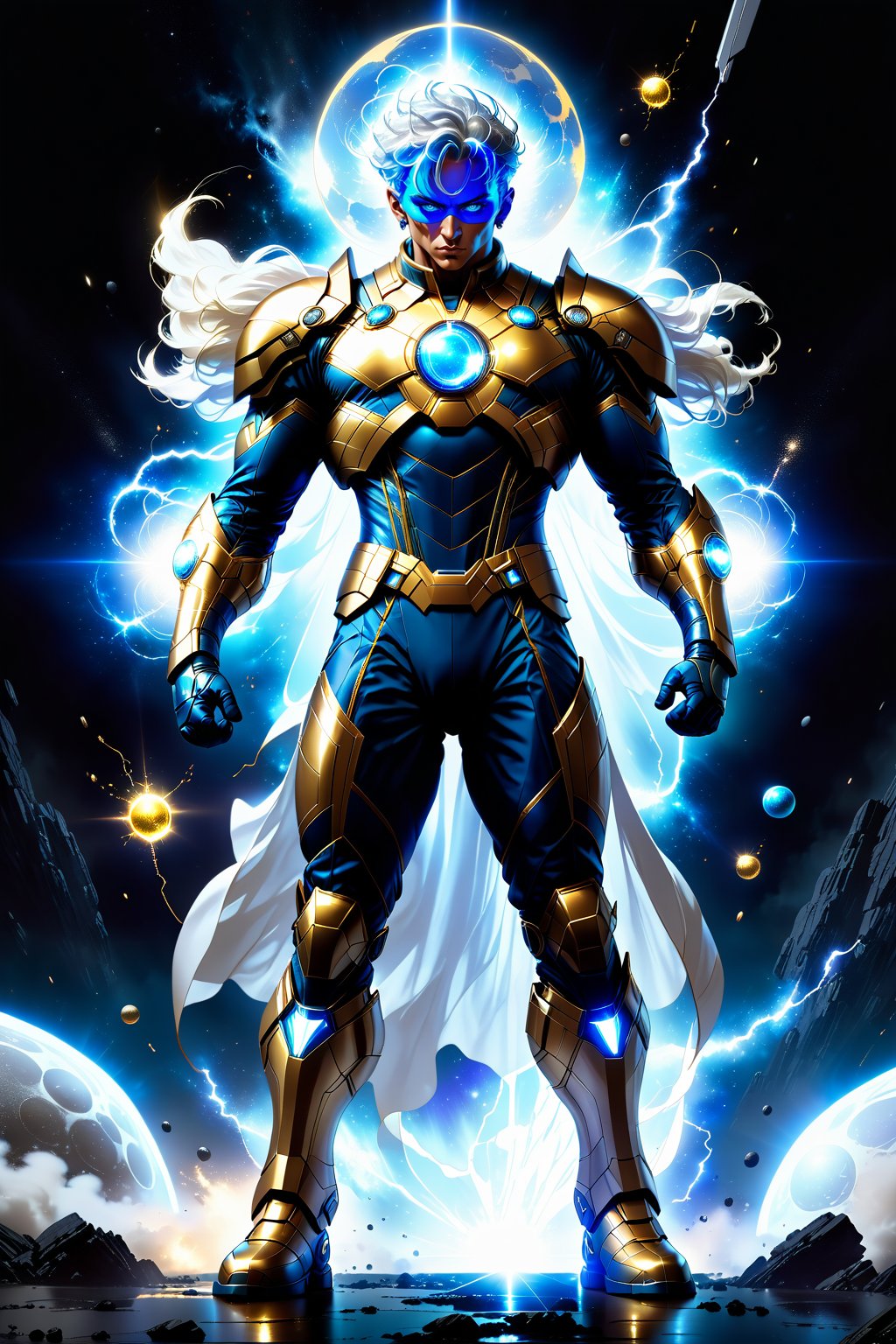 A dramatic full-body shot captures super-hero standing at 6' tall, clad in a sleek form fitting futuristic battle suite blending blue, gold, and white hues. He holds two radiant orbs of energy that pulse with energy, light, and electricity, as if channeling the power of the moon. The camera frames him amidst a dark, explosive space backdrop, where eerily glowing orbs of light to match the orbs' luminescence. stars in back drop