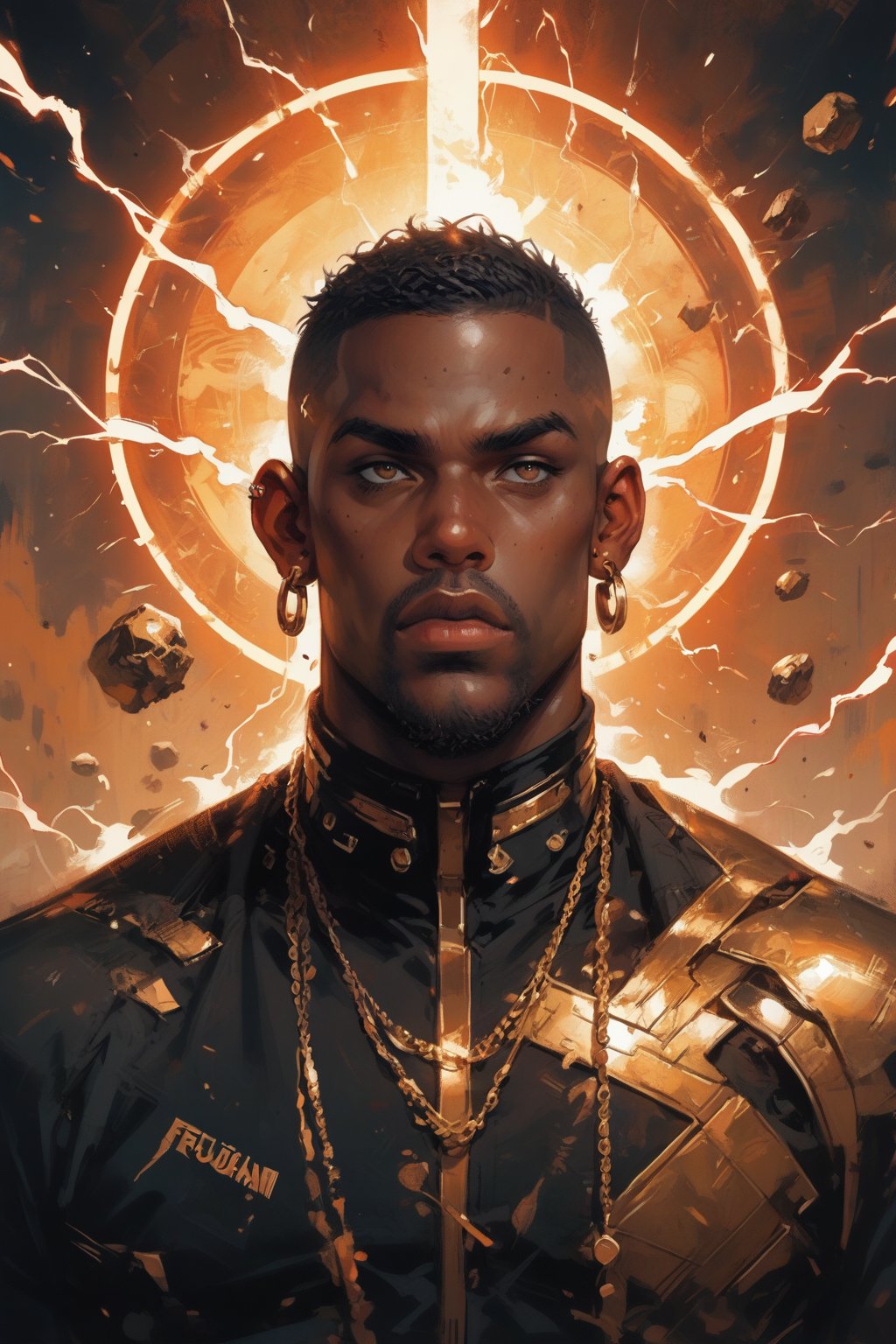 A dramatic full-body shot captures black Man standing at 6' tall, african twisted cut shaved head.(( brown eyes brown)). clad in a sleek form fitting futuristic battle suite blending orange, gold, and white hues. He holds the force of lightning energy radiant orbs of light that pulse with energy, light, and electricity, as if channeling the power of thunder. The camera frames him amidst a dark, city backdrop, with eerily glow to match the powers' luminescence. flying debris in back drop. score_9 score_8_up score_7_up,BBM