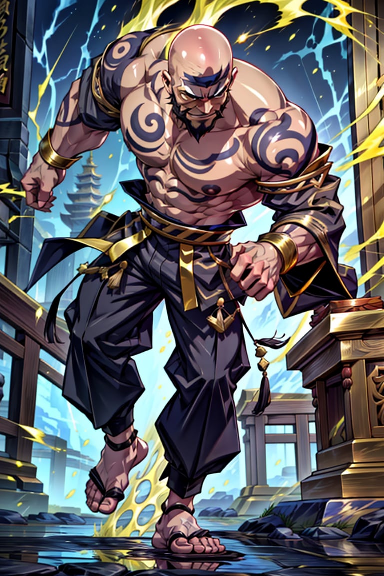 Grand Master Keshinsu stands 5'6", camera angle framing him from above, gazing downward in awe. His bald head and long white beard exude wisdom, while intense eyes radiate power. Muscular physique, shirtless, showcases rippled abs, Asian features conveying cultural discipline. Futuristic Shaolin-style pants, gold and bronze metal accents, adorn his lower half, sans shoes. Surrounding him, golden light, sparks of blue lightning energy swirl around his feet, entwining his white beard and scars, as if channeling ancient wisdom, Akatsuki's fiery essence, Wuwa's sacred power.,Add more detail,