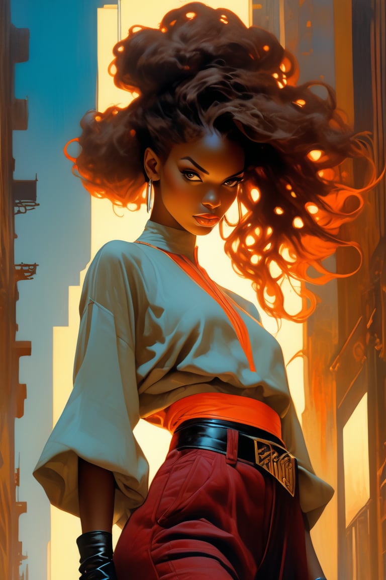 , art by J.C. Leyendecker, a masterpiece,, hyper-realistic oil painting, vibrant colors, dark chiar((Full_ body shot)) Against a misty Dubai cityscape at dusk, a cute young black girl, approximately 20 years old, stands confidently and sultry on a space crafted in the sky. His sleek, futuristic graphics crock top and dark red jeans accentuate her urban charm. Power radiates from her features as auburn energy pulses through her eyes, casting a hot glow on her nice frame. long flowing hair blows in the wind from her head for black female. futuristic baleciagas shoes complete the futuristic ensemble. score_9, score_8_up, score_7_up, BBM ascuro lighting, 8, ,digital artwork by Beksinski,  