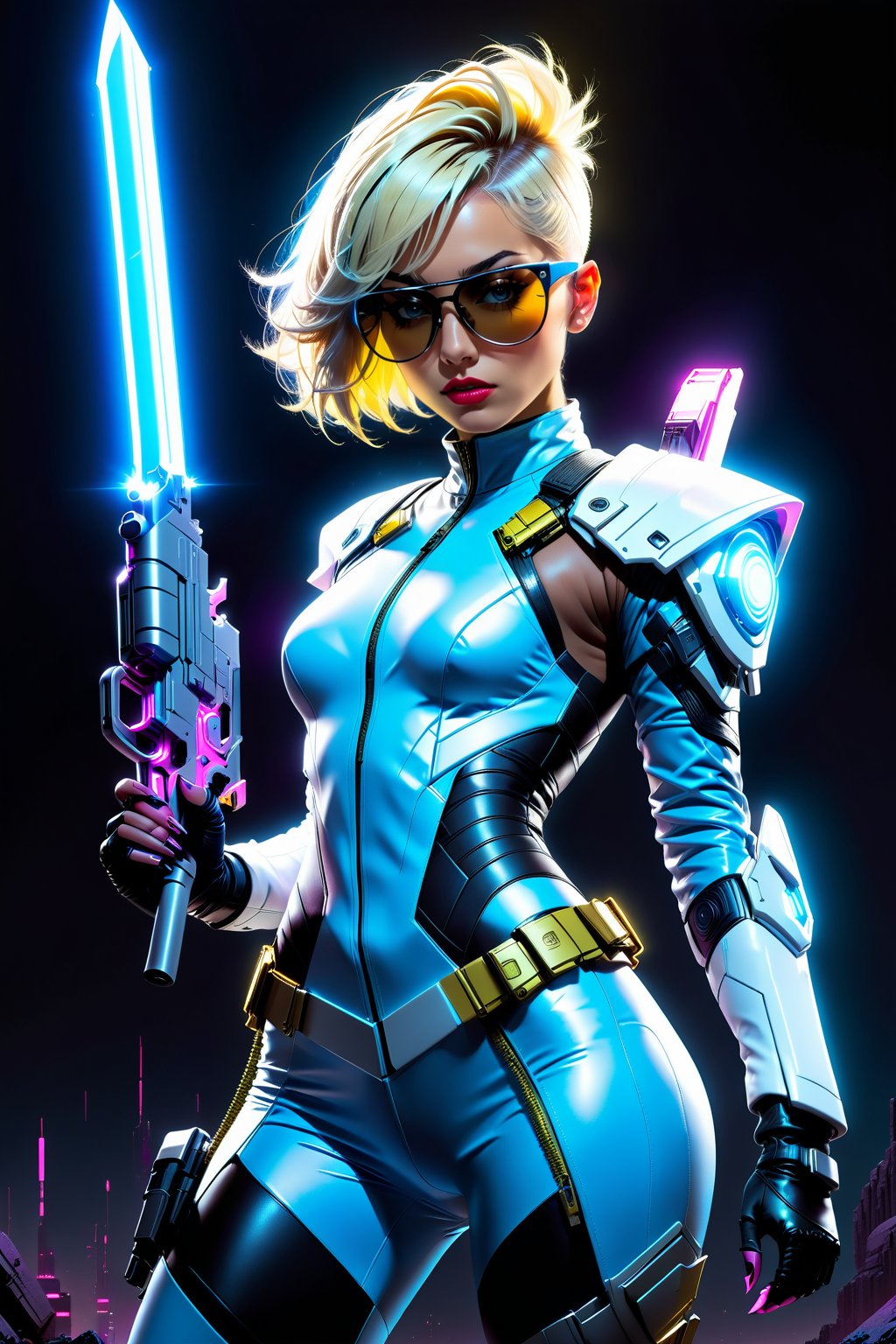 Miss Lead, the assassin, poses confidently in a full-body shot. She gazes directly at the viewer with her mouth slightly opened, hinting at a sly smirk. Her short hair is styled with black and blonde highlights and sides shaved, and her facial features are illuminated by a soft glow. A blue futuristic body suit covers her athletic physique, adorned with shades of yellow accents that match the white jacket draped over her shoulders. The jacket's multiple zippers and straps add to its sleek design. In each hand, she grasps futuristic guns with glowing pink enchantments etched onto their surfaces. Two small cyber guns are strapped to her thighs, while knives protrude from the heels of her dark blue boots featuring white accents. On her back, a large power gun is secured, and the barrels of the handheld weapons glow with neon light. background dark landscape