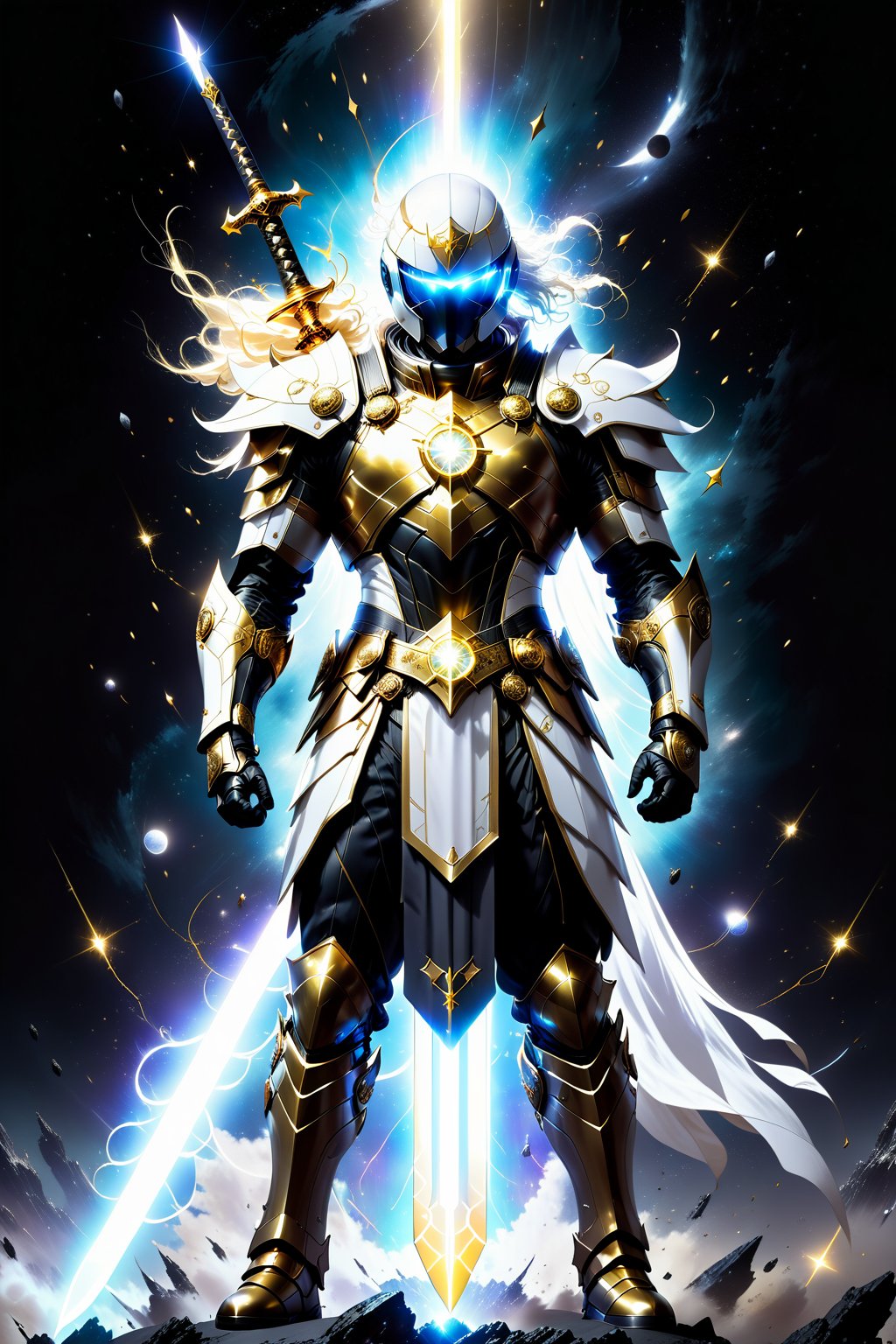 A dramatic full-body shot captures super guy Man standing at 6' tall, clad in a sleek form fitting futuristic battle suite blending black, gold, and white hues. He holds two radiant swords that pulse with energy, light, and electricity, as if channeling the power of the moon. The camera frames him amidst a dark, explosive space backdrop, where eerily glowing orbs of light to match the swords' luminescence. stars in back drop