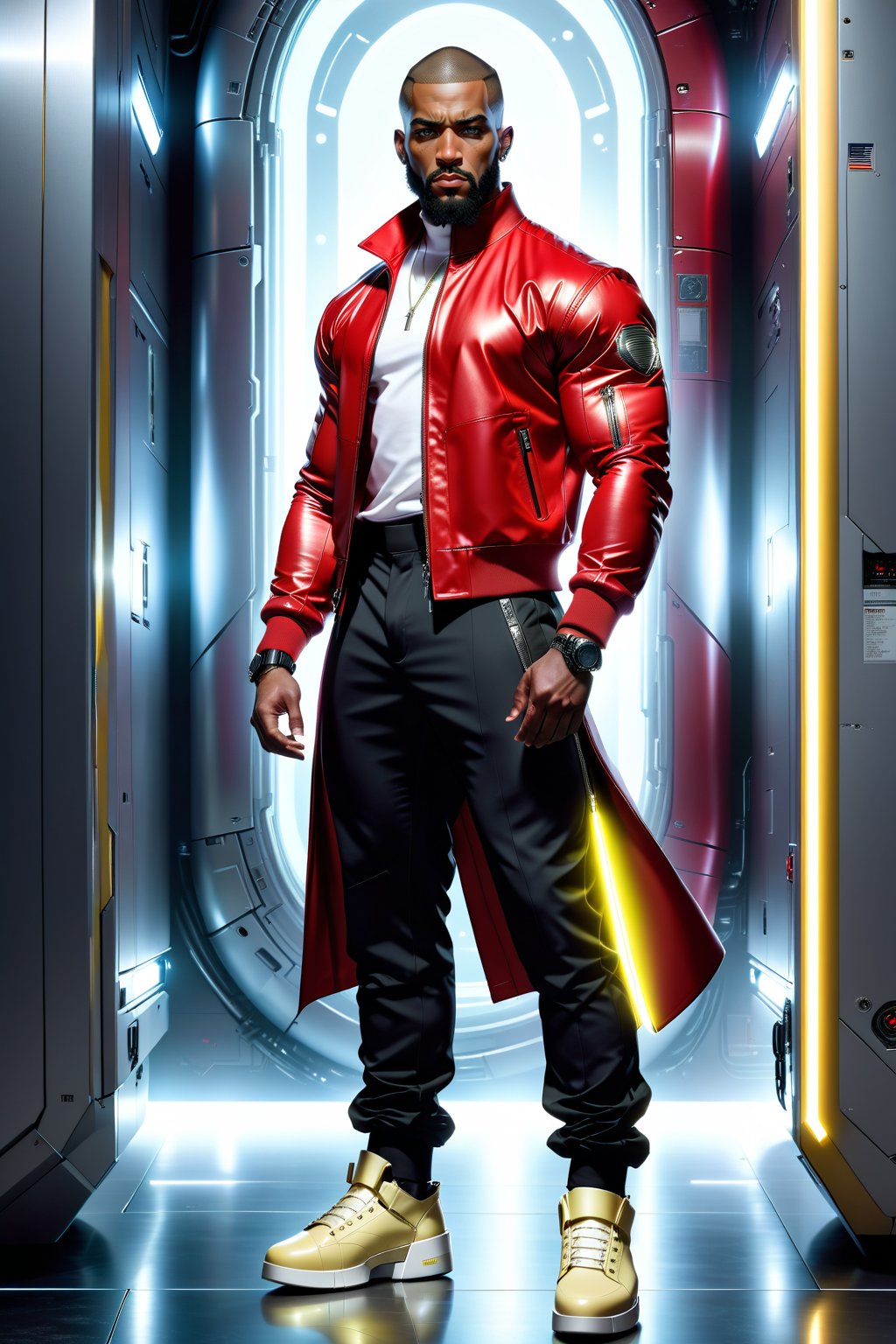 Against a backdrop of hovering spacecraft, a powerful 25-year-old black muscular male stands tall, radiating strength. His shaved buzz-cut head is adorned with silver earrings. A sharp full beard frames his chiseled features. He wears a short sleek red jacket with metallic zippers and straps, one sleeve rolled up to reveal a glowing arm. A form-fitting light yellow sleek shirt with glow on the front of shirt hugs his torso,. Black futuristic pants mirror the coat's design. Glowing white urban shoes on his feet complete the urban-chic ensemble as he stands in an action pose, exuding confidence.