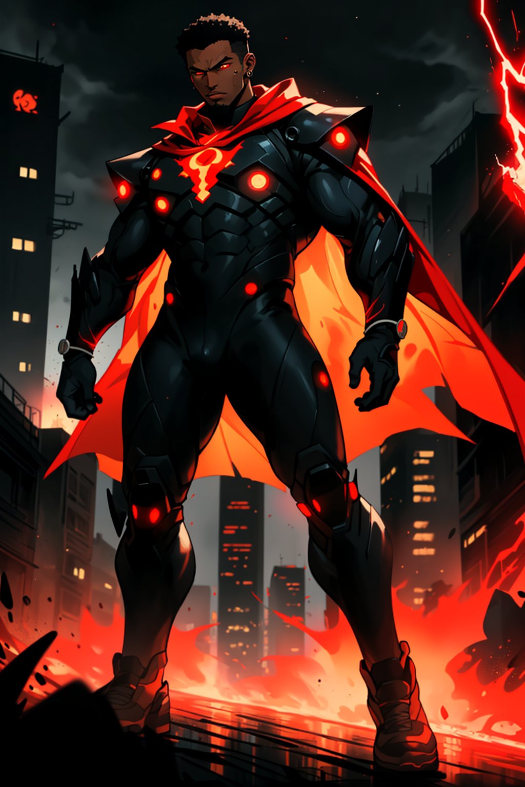 In a dimly lit, urban landscape, a full body shot of a powerful black male figure emerges. The subject wears a full-body skin tight black battle suit adorned with crimson glowing lines, accentuating their physique. Orange glowing eyes pierce through the darkness, radiating intensity. A flowing red cape billows behind them, as if driven by an unseen force. Dark-skinned and imposing, they embody the essence of Nyantcha style, Arbiterman's masterpiece, while LiLBabyR7der's brushstrokes bring forth a sense of dynamic energy.,LiLBabyR7der