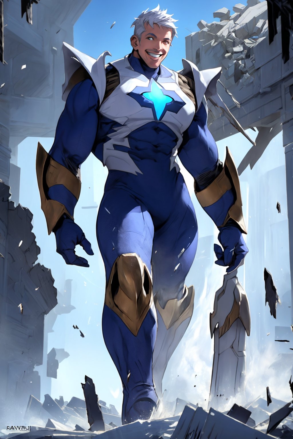 A towering figure, approximately 5-7 feet tall, clad in gleaming white futuristic armor with striking powder-blue accents, beams with an ear-to-ear grin. Against a ravaged backdrop, this mighty superhero radiates unparalleled energy and light, his very presence seeming to hold the fragments of destruction at bay.