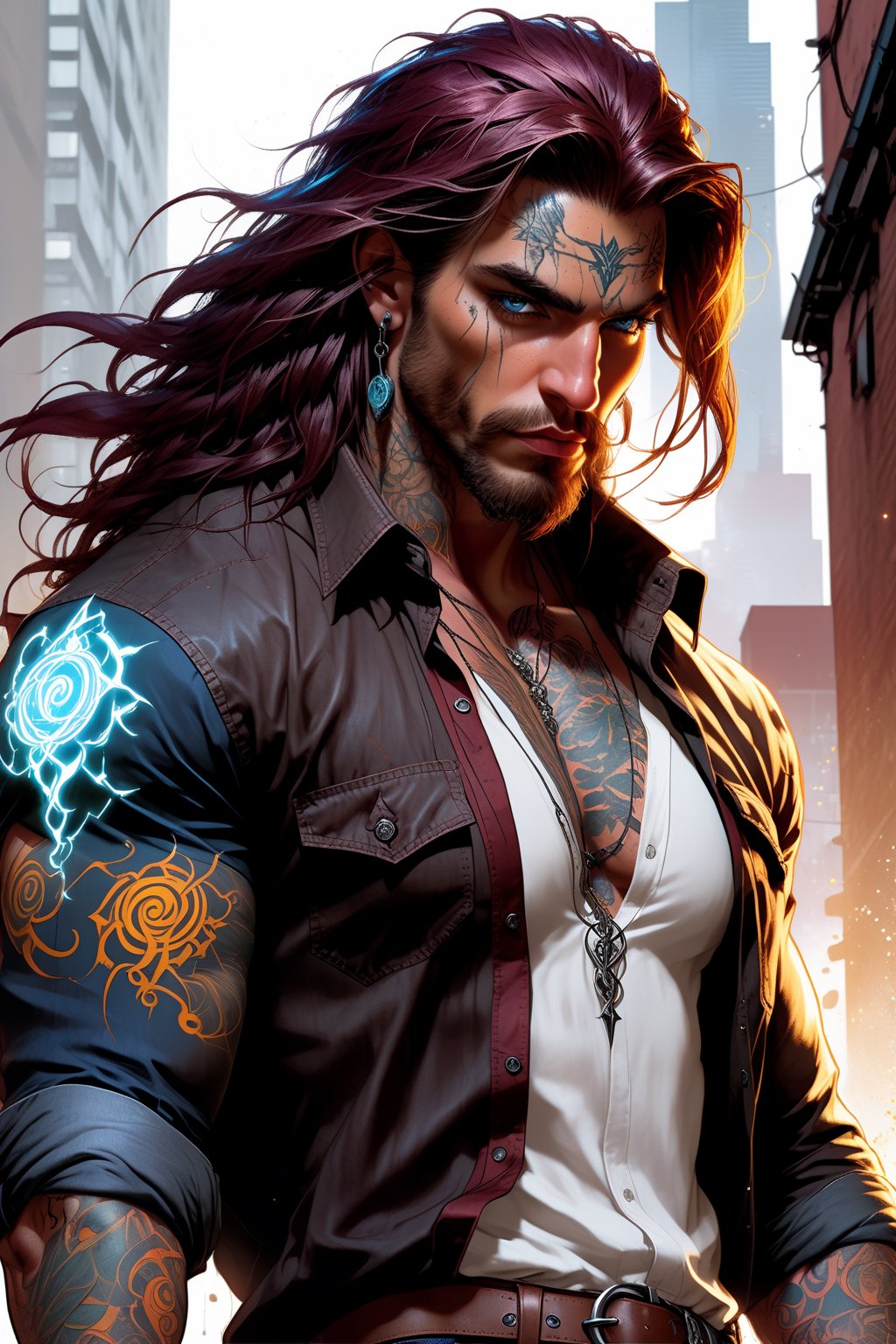 1_man full body shot of Valcun standing tall and powerful as dark energy coursing through his blackened arm crackles with bright light. His long, burgundy hair cascades over his face, yet his piercing yellow and orange eyes gleam amidst the tangles. A tan sleek shirt , adorned with tattoos and the curves of his pointy ears. White and blue jeans are emblazoned with, straps, and zippers, while dark brown boots feature two prominent straps. Valcun's face contorts in a snarl, his expression a perfect blend of delight and fury, set against the gritty urban backdrop.