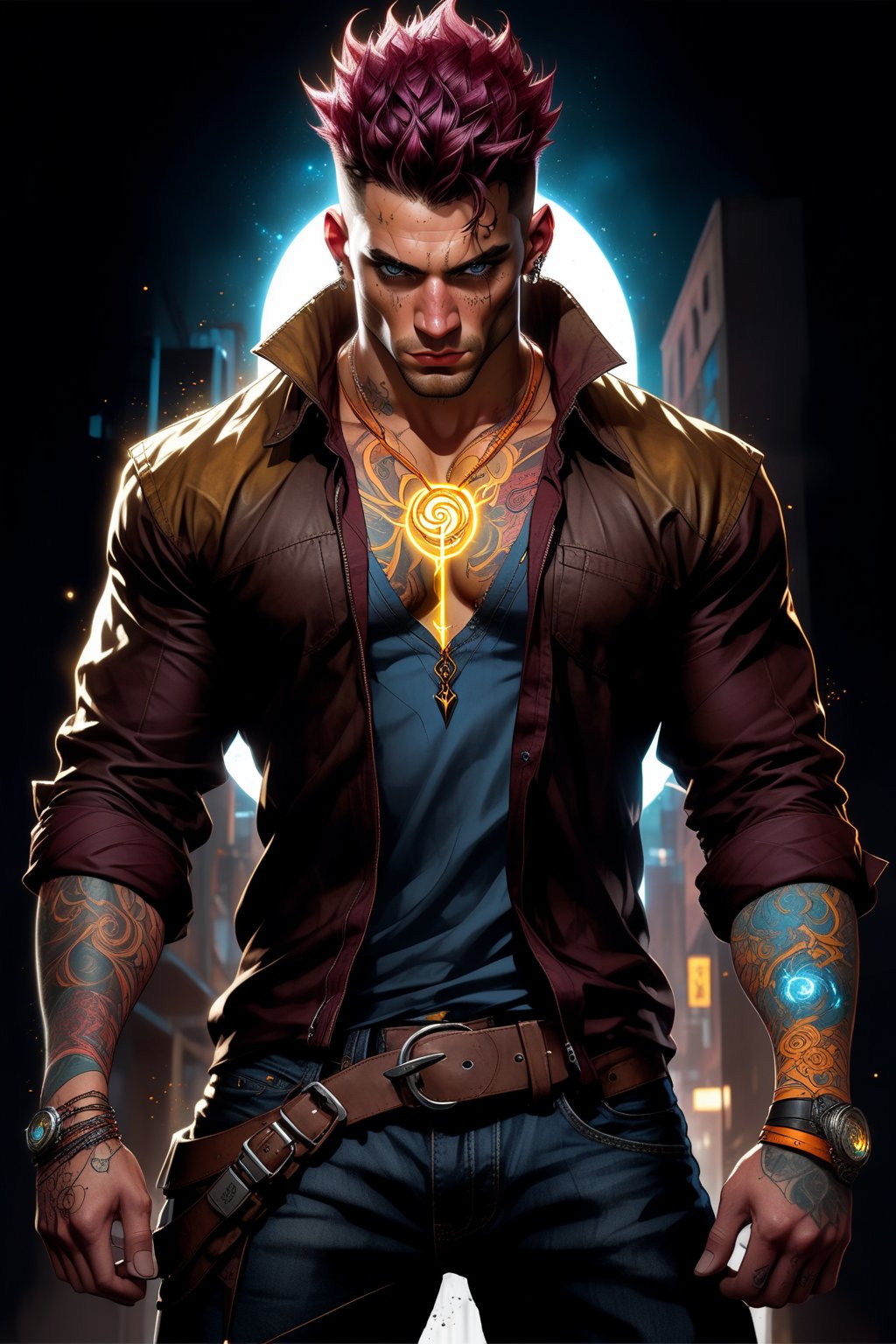 1_man full body shot of Valcun standing tall and powerful as dark energy coursing through his blackened arm crackles with bright light. His short, burgundy hair cascades over his face, yet his piercing yellow and orange eyes gleam amidst the tangles. A tan sleek shirt , adorned with tattoos and the curves of his pointy ears. White and blue jeans are emblazoned with, straps, and zippers, while dark brown boots feature two prominent straps. Valcun's face contorts in a snarl, his expression a perfect blend of delight and fury, set against the gritty urban backdrop.