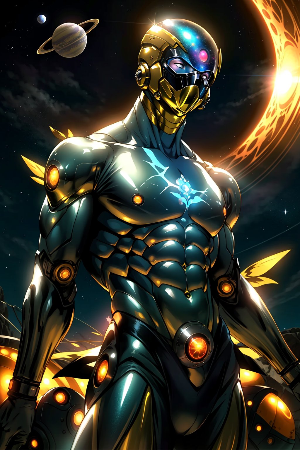 A celestial being, OUN, hovers amidst a backdrop of stunning starry night sky, with two distant planets in the foreground. His chrome-gold skin glistens under soft, ethereal lighting, accentuating the intricate cyberpunk-inspired glow lines tracing his body. He has a full chrome face mask on, OUN's pose exudes a sense of weightlessness and freedom as he floats effortlessly amidst the celestial wonders.