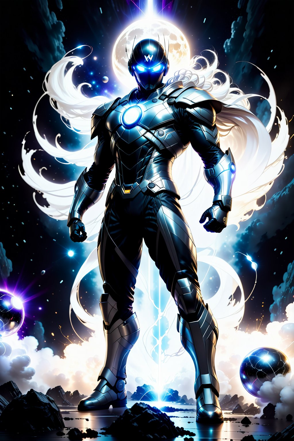 A dramatic full-body shot captures super-hero standing at 6' tall, clad in a sleek form fitting futuristic battle suite blending black, silver, and white hues. He holds two radiant orbs of energy that pulse with energy, light, and electricity, as if channeling the power of the moon. The camera frames him amidst a dark, explosive space backdrop, where eerily glowing orbs of light to match the orbs' luminescence. stars in back drop