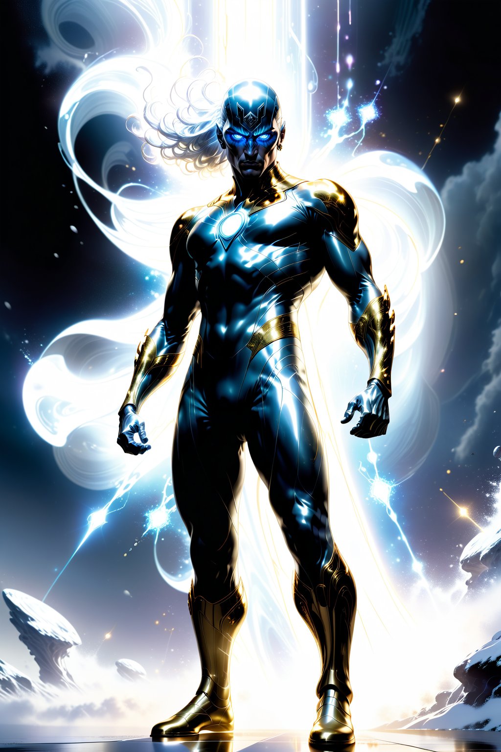 A dramatic full-body shot captures silver surfer Man standing at 6' tall, clad in a sleek form fitting futuristic battle suite blending black, gold, and white hues. His hands are engulfed with light that pulse with energy, light, and electricity, as if channeling the power of the cosmos. The camera frames him amidst a dark, misty crystalized  backdrop, where the luminescence of light in the back drop