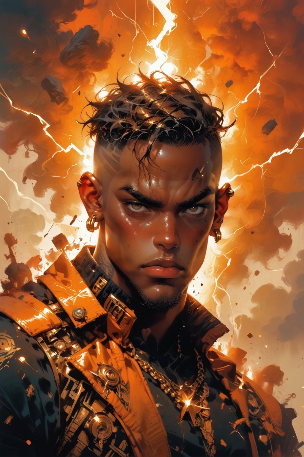 A dramatic full-body shot captures black Man standing at 6' tall, african cut shaved head.(( brown eyes brown)). clad in a sleek form fitting futuristic battle suite blending orange, gold, and white hues. He holds the force of lightning energy radiant orbs of light that pulse with energy, light, and electricity, as if channeling the power of thunder. The camera frames him amidst a dark, cloudy backdrop, with eerily glow to match the powers' luminescence. flying debris in back drop. score_9 score_8_up score_7_up,BBM