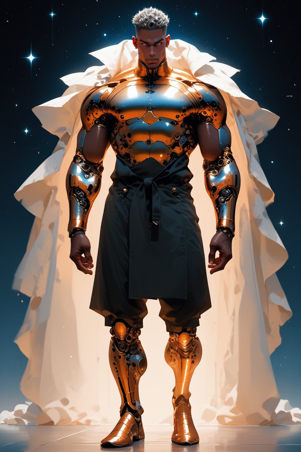  ((Full_body shot)) BBM Atomus, a robust black male figure with bronze skin, hovers above Earth, his strong muscular physique emitting universal strength. Dressed in a chrome-red metallic power body suit,that is form fitting, adorned with silver accents, he wears a long textured silver cape. His low-cut hair is slicked back, and his white eyes glows with an otherworldly intensity. Framed against a starry night, Atomus's powerful physique appears even more formidable as he radiates energy and strength. brown tone skin. score_9_up score_8_up score_7_up