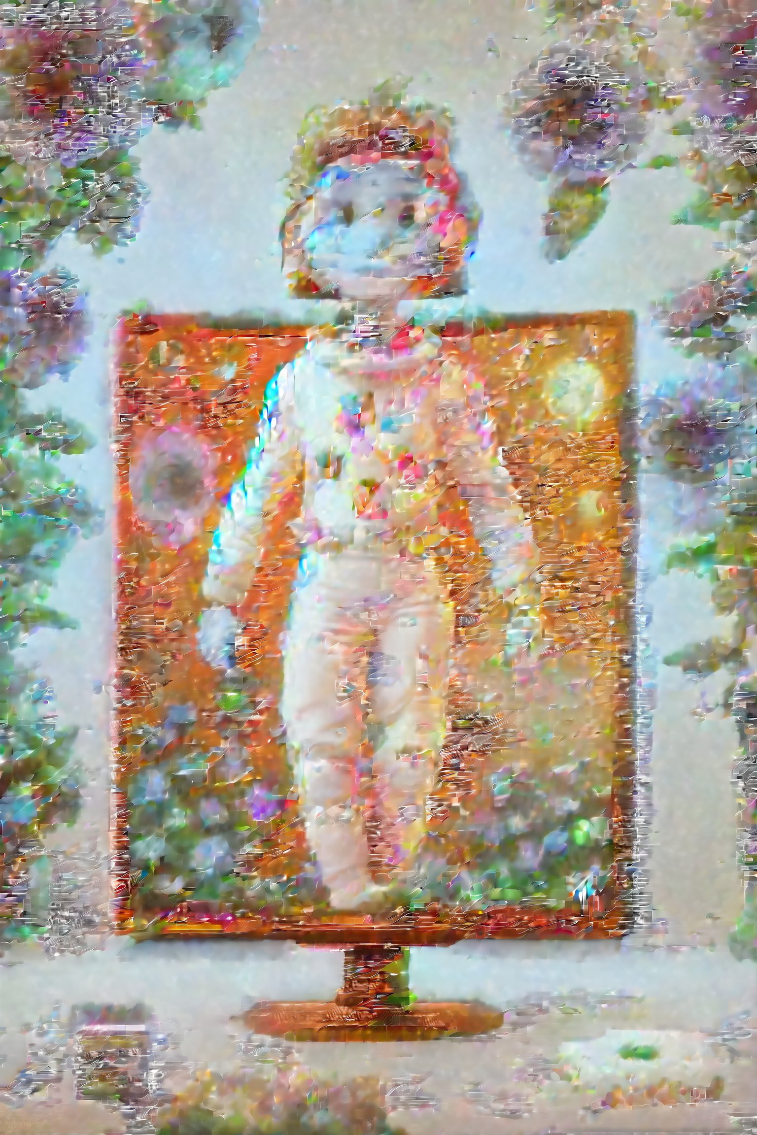 Many flowers covering the screen, a planet of flowers, Astronauts descending on the planet of flowers, Astronauts is holding a TV monitor, and a Vitruvian human figure is displayed on the monitor.,astronaut_flowers