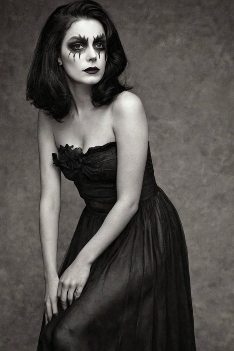 (((Iconic 1950s style illustration, but extremely beautiful)))(((wearing a black gothic dress)))(((corpse paint makeup)))(((front view)))(((full body)))(()))(((photo of straight black hair))) (((solid color background in chiaroscuro))) (((masterpiece, minimalist, epic, hyper-realistic, photorealistic))) (((view profile, view details))) (((monochromatic solid colors)))(((Annie Leibovitz style, Diane Arbus style))),srh_ttz