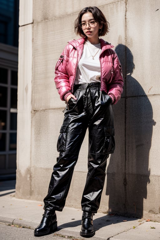  Brown girl, black short-hair, black cargo pant, black inner with dark pink Jacket, background crowded, stylish fashion, hands in pant pockets, fullbody (standing 2 meter away)