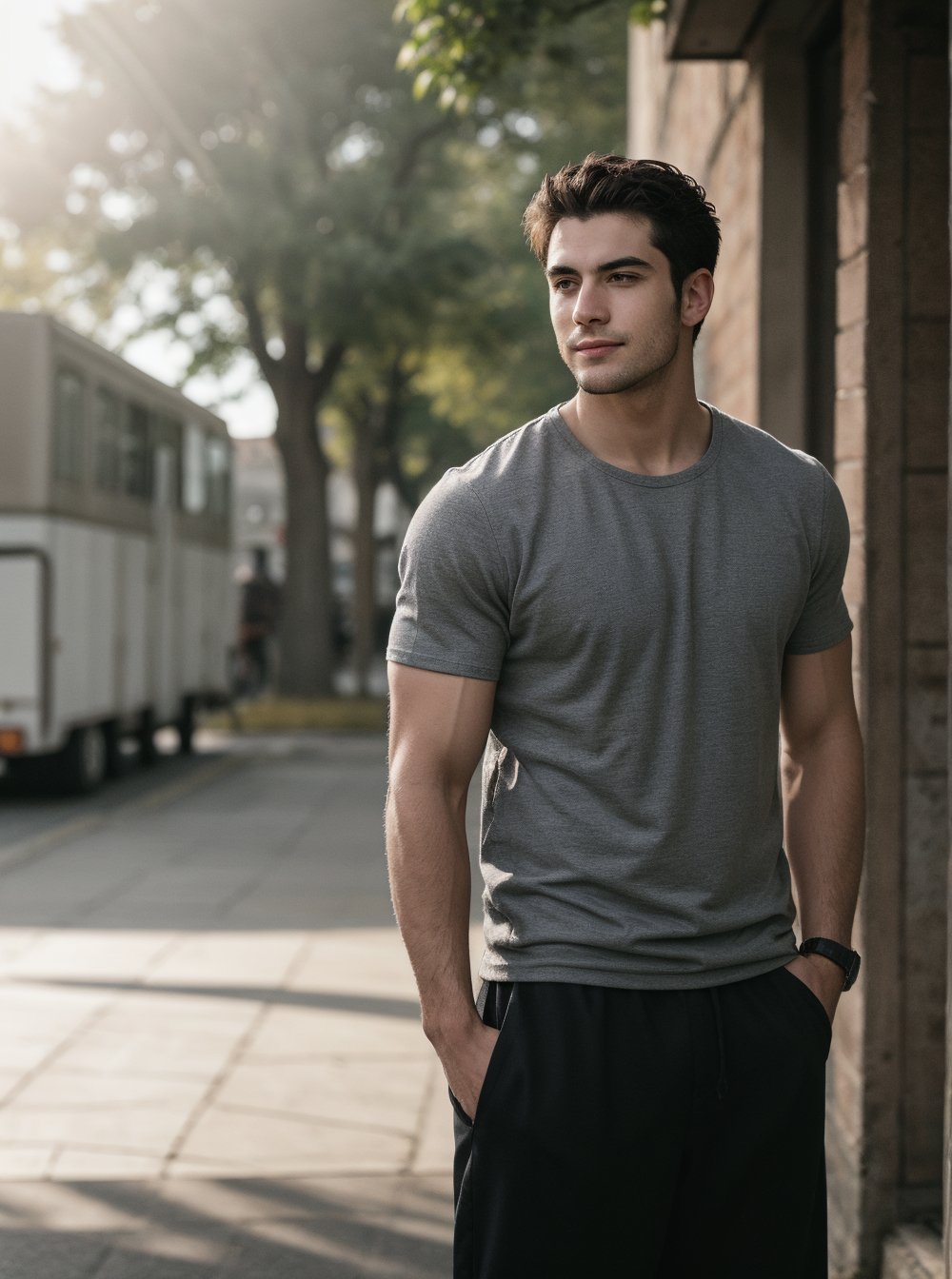 A stoic male figure stands confidently, his pleasant skin tone and rugged features accentuated by a subtle smile. He gazes off-camera, lost in thought, his broad shoulders and strong physique evident under a fitted outfit. The warm sunlight casts a flattering glow on his face, with the surrounding environment blurred to focus attention on the subject's introspective demeanor,full body, in dark dress 