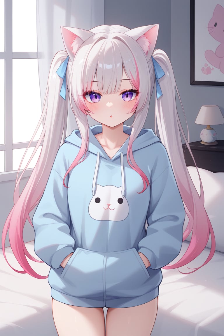 1girl,cat girl,absurdres,highres,long hair, (white hair:0.7),alternate color hair,twintails,gradient ears,cat ears,onesie,lace