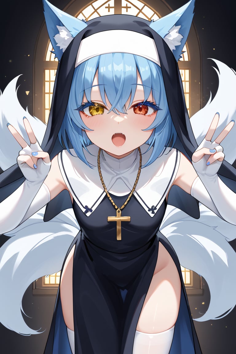 masterpiece,best quality,1girl,fox girl,short hair,red eye,yellow eye,open mouth,blue hair,blue eyelashes,small breasts,standing,bending,heterochromia,elbow gloves,white thighhighs,fingerless,petite,v pose,nun,white clothes,bent over,multiple tails