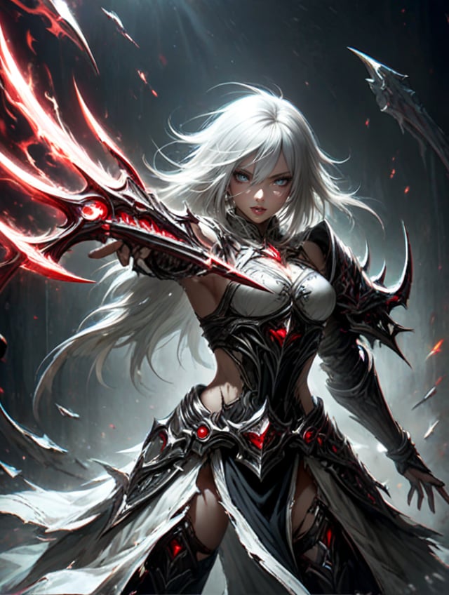 1girl, solo, long,HARD WHITE AND  BLACK,  EYE WHITE,DonMD34thKn1gh7XL,AT RED,runeblade