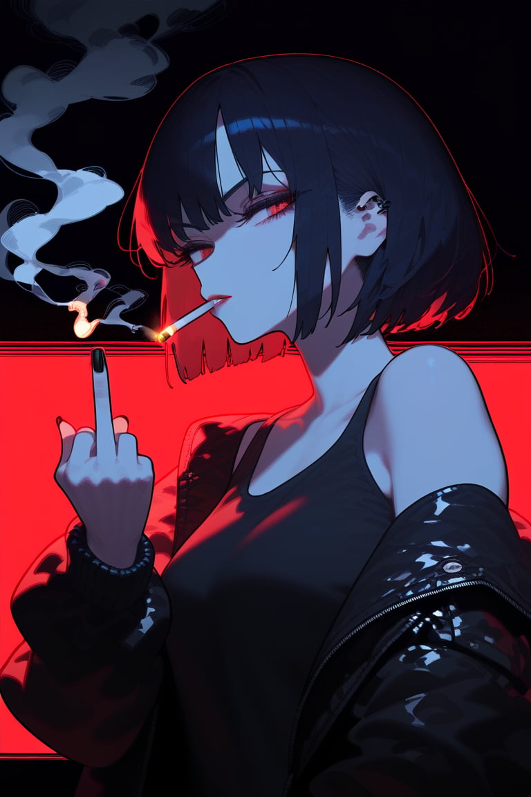 1girl, cigarette, smoking, middle finger, dark theme,

depth of field, color grading, toon shading,

best quality, amazing quality, very aesthetic, absurdres, score_9, score_8_up, score_7_up