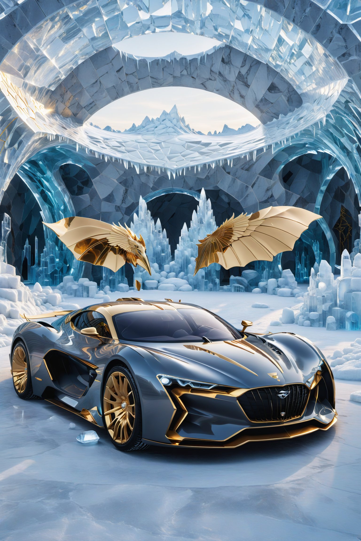 High definition photorealistic render of a gray luxury super car, located inside a cold igloo, with ice sculptures and ice blocks, and a mystical and enigmatic place. In the background, a parametric sculpture emerges adorned with dragon wings, made of metal, marble and iridescent glass, embellished with precious diamonds. Symmetrical curves resembling a dragon's wings adorn a black and white marble background, accented with gold accents and chaotic Swarovski elements, inspired by the style of Zaha Hadid and exhibiting golden iridescence. The design is reminiscent of Tomorrowland 2022's main stage, incorporating ultra-realistic Art Deco elements and a high level of image complexity.