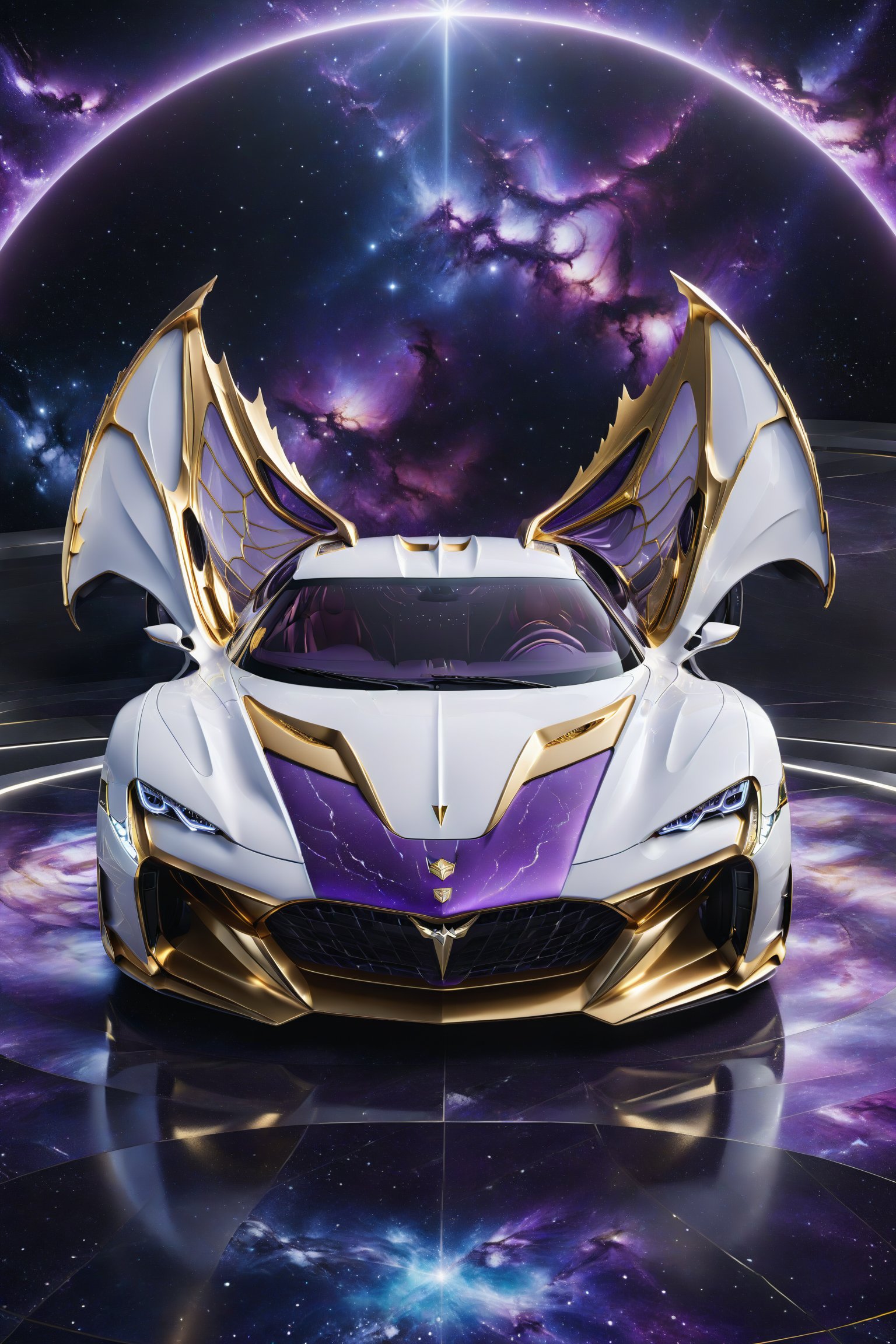 High definition photorealistic render of a purple and white luxury super car, located in interstellar space with millions of stars and galaxies and planets, with rays of light passing through, and a mystical and enigmatic place. In the background, a parametric sculpture emerges adorned with dragon wings, made of metal, marble and iridescent glass, embellished with precious diamonds. Symmetrical curves resembling a dragon's wings adorn a black and white marble background, accented with gold accents and chaotic Swarovski elements, inspired by the style of Zaha Hadid and exhibiting golden iridescence. The design is reminiscent of Tomorrowland 2022's main stage, incorporating ultra-realistic Art Deco elements and a high level of image complexity.