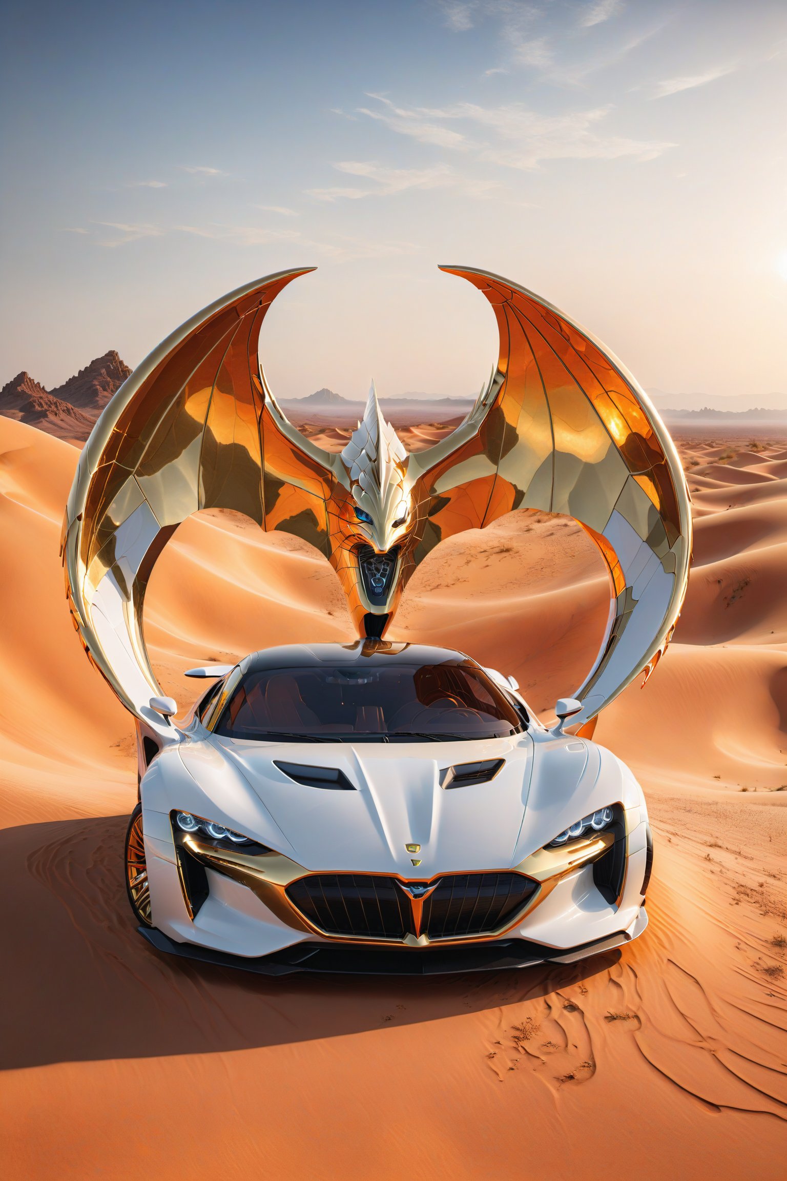 High definition photorealistic render of an orange and white luxury super car, located in a sandy desert with the incandescent sun and giant captus, and a mystical and enigmatic place. In the background, a parametric sculpture emerges adorned with dragon wings, made of metal, marble and iridescent glass, embellished with precious diamonds. Symmetrical curves resembling a dragon's wings adorn a black and white marble background, accented with gold accents and chaotic Swarovski elements, inspired by the style of Zaha Hadid and exhibiting golden iridescence. The design is reminiscent of Tomorrowland 2022's main stage, incorporating ultra-realistic Art Deco elements and a high level of image complexity.