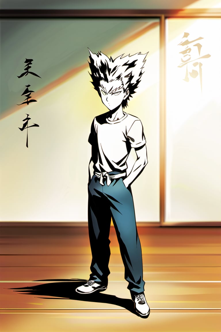 Very detailed. High Quality, Masterpiece, beautiful, (medium long shot), 1 child, Garou, from one punch man, standing with his hands in his pockets, (White hair, arrow-shaped and pointed, with a messy style, Face, expressive and with defined features, Eyes, sharp and light-colored, Clothing, Short-sleeved T-shirt fitted on top, Bottom, gym pants, Footwear, Running shoes, detailed background, in a martial arts dojo,