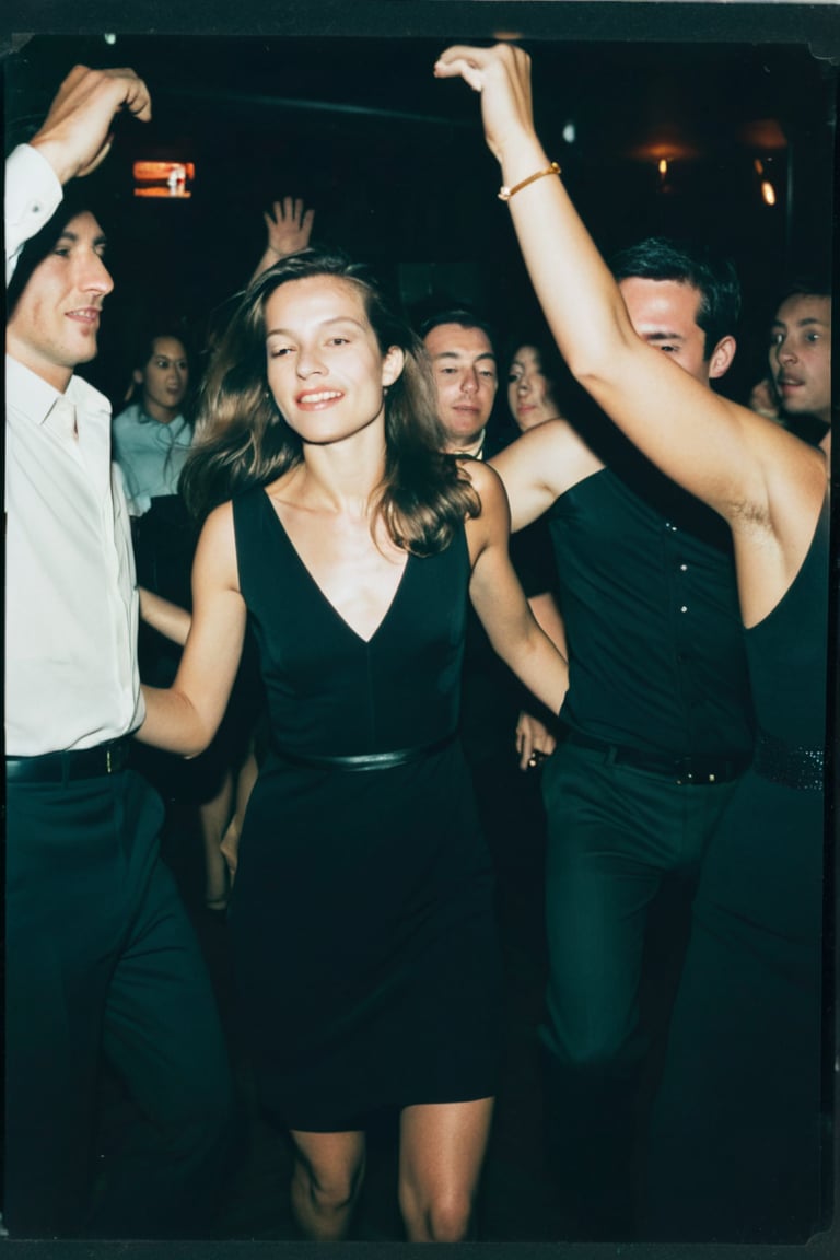 Classy people dancing in a nightclub, grainy photo, Medellín club, woman in black dress, movement, polaroid