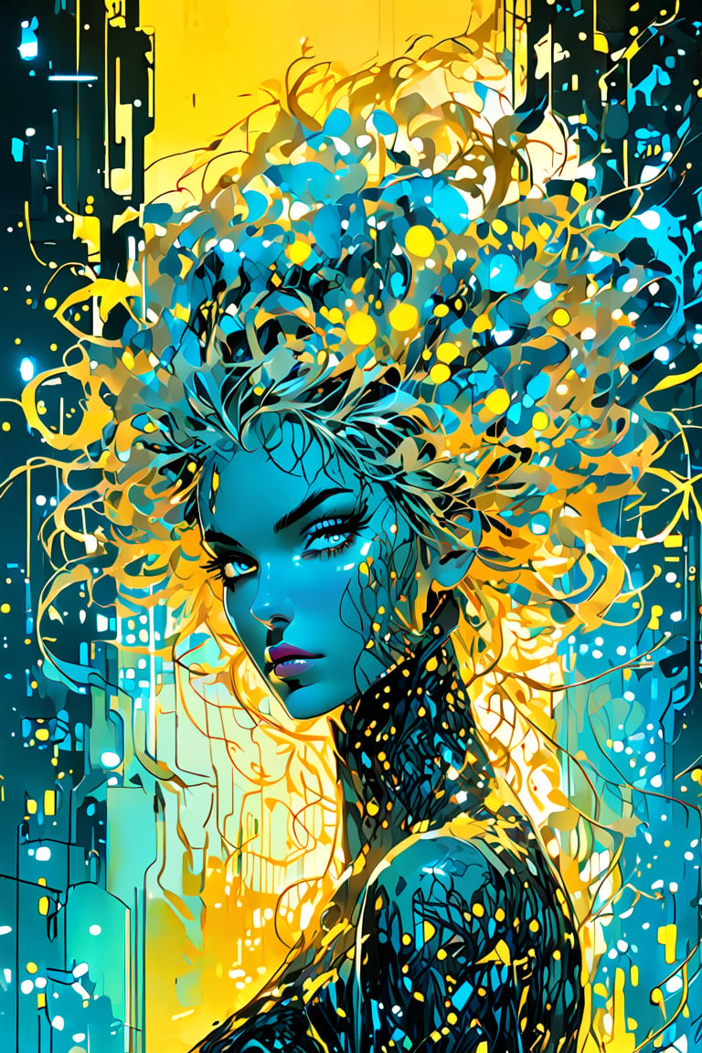(head to thigh shot by Carne Griffiths, Conrad Roset), full body, facing the front. A woman with a crown and a dress on. Standing in front of a Ruins Sci-Fi City, futuristic style, black and golden thread braided hair, beautiful icy vivid eyes, standing, Complete limbs, face front. fantasy, aristocratic, android humanoid, 3D, soft bioluminescence glow surrounds her. delicate shader, Full HD render, immense detail, dramatic lighting, ultra-detailed realism, full body art, dramatic Light and Shadow, high-quality, digital painting, art station, concept art, smooth, sharp focus, concept art.