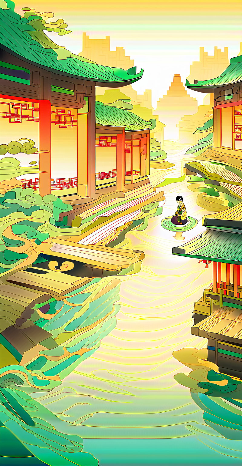 (Chinese architectural scenes, ancient style, streets, immortal worldviews.) 
A stunning portrait of 'Westen Beautiful Lady' serenely plays a Chinese instrument amidst a serene backdrop of gently flowing stream water. Most of the buildings and objects in the scene are made of jade, and the texture of the jade is photographed vividly. A soft, bright light illuminates the scene, and a shallow depth-of-field effect blurs the surroundings. The composition in the center draws attention to the delicate features of the beauty. Reminiscent of the Japanese illustration style. 1girl. solo girl.