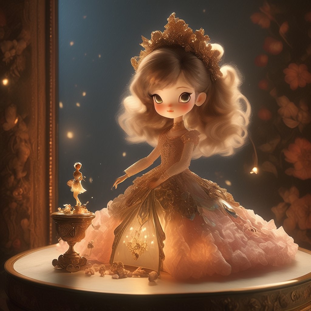 On an exquisite dressing table sits a finely detailed ceramic ballerina doll with a lifelike expression, curious and innocent, looking around. At her feet lies a shattered gemstone music box. She extends one foot as if trying to step down, surrounded by broken gears, musical components, and glittering gemstone fragments. The scene is rendered in a vibrant, cute oil painting style with soft lighting. The background is a Baroque-style room with intricate details, exuding a mysterious atmosphere. The image is lively, dramatic, and 3D. (solo)(one girl)