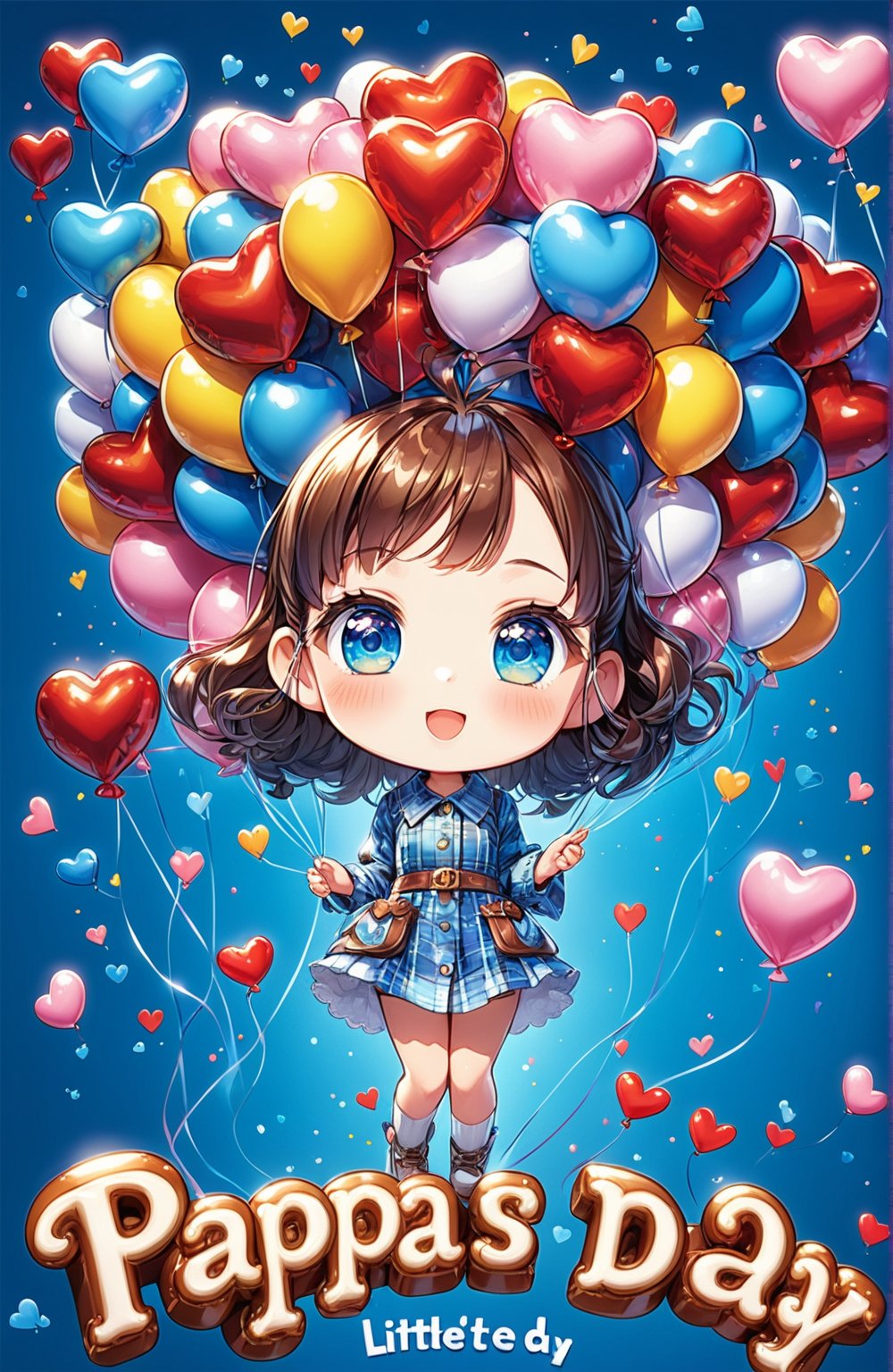 The girl's little brain pokes out from the bottom of the picture, only the upper part of her face is showing, the cute girl's big eyes are looking upwards, and there is a huge 3D text floating above her head, like a balloon text, which says "Happy Father's Day" in cute fonts.
(Crisp letters, full text.)((text of "Happy papa's Day".))

Cute petite girl wearing a chocolate-themed outfit with a blue-colored plaid shirt. shy and happy. Lots of love icons popping up around her. heart-shape bubbles. (solo girl)
(official art, Intricate details. Use more blue tones, anime style, cute, and romance. Additional details.  chibi.)

Imaginative background.