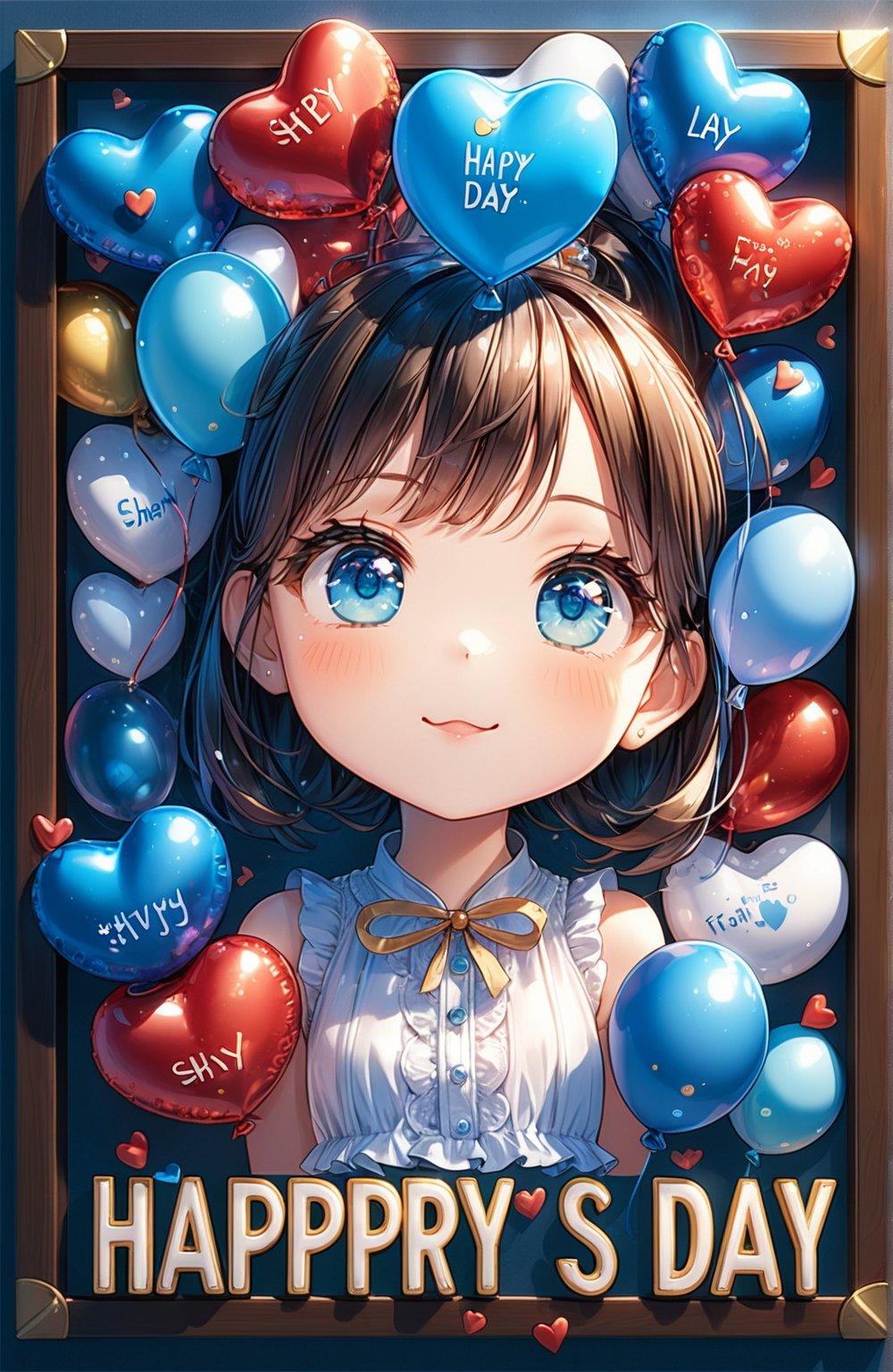 A cute girl peeks out from under the picture. (only the upper face is showing.)
Her big eyes are looking upwards, and there is a huge 3D text floating above her head, which says "Happy Father's Day" in cute fonts.
(Crisp letters, full text, "Happy Father's Day".)
Balloon material with three-dimensional text, realistic and fine material

shy and happy. Lots of love icons popping up around her. heart-shape bubbles. 
(solo)(official art, Intricate details. Use more blue tones, anime style, cute, and romance. Additional details. Chibi. Adorable character with exaggerated proportions)