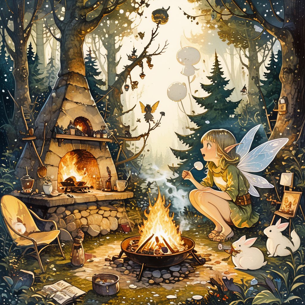 A girl roasts marshmallows by the fire.
fairy atmosphere, highly detailed, dramatic lighting. Forest background, digital painting, masterpiece, maximalism, near perfection, design by Greg Rutkowski + Esao Andrews, oil painting
