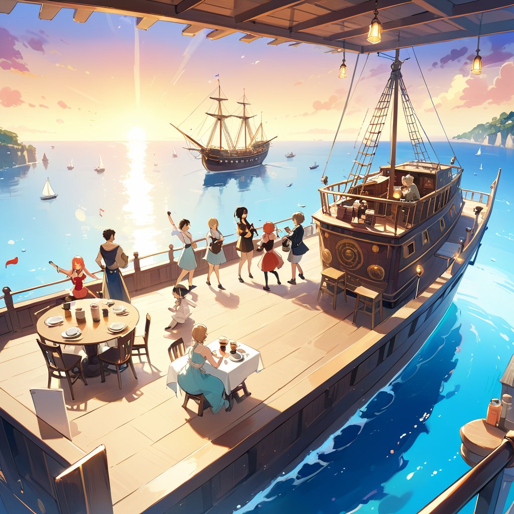 (table and coffee)(warm atmosphere)("One Piece" anime-related)(anime style)
Late 15th to early 16th century Sailboats.
In an anime style reminiscent of 'One Piece,' depict a large ship's deck where several adorable characters are enjoying coffee and playing musical instruments. The scene is shot from the side of the ship, revealing the beautiful sea and vast sky in the background. The atmosphere is filled with laughter and joy, capturing the lively coffee music party on board. small number of people. warm glow over this place. Emphasize the presence of coffee, but don't exaggerate.,Roman Ships,cute cartoon 