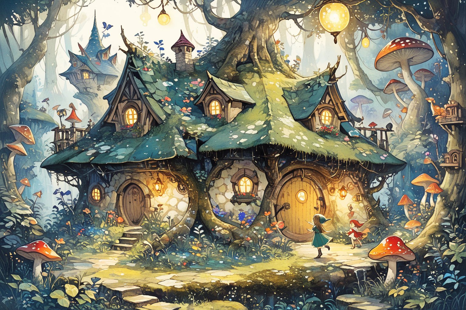 Magic, oil painting style, depicting a mysterious little elf hiding in a tree hollow. The elf has pointed ears and a cute, whimsical appearance. Fireflies illuminate the scene, set in an epic, deep forest. Numerous small mushroom houses and tiny doors attached to tree trunks add to the fairy tale world atmosphere. cinematic pose, fairy atmosphere, highly detailed, dramatic lighting. Forest background, digital painting, masterpiece, maximalism, near perfection, design by Greg Rutkowski + Esao Andrews, oil painting

