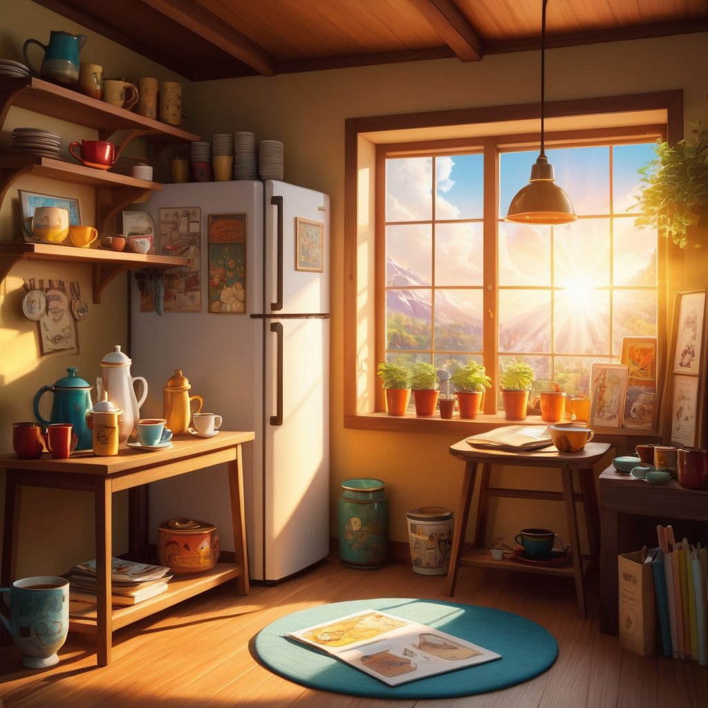 (a refrigerator door open)(fluffy, magical creatures )
Sunlight streams through the window, casting a warm glow over the cozy cartoonist's room. The air is filled with the comforting aroma of freshly brewed coffee, wafting from a steaming mug perched on a wooden desk.
The desk, its surface scattered with sketches, drafts, and an assortment of colorful stationery, serves as the artist's creative haven. A pair of spectacles rests nearby.
The shelves are decorated with a series of "One Piece" anime-related character accessories.
In this haven of tranquility, the cartoonist finds inspiration and solace, their imagination fueled by the warmth of the sun, the comforting aroma of coffee, and the endless possibilities that lie before them.
The scene captures the whimsical and fantastical nature of this Comfortable space, with detailed and realistic depictions of the coffee and Cups, plates, and cutlery items. crafted ceramic.