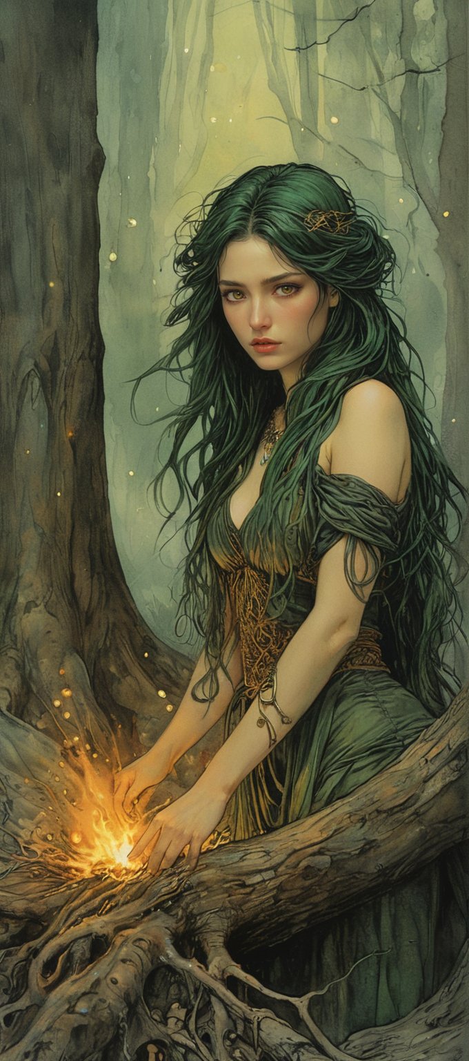 Color ink painting in Moebius comic book style,  style by Arthur Rackham and Brian Froud, intricate, detailed.
Beautiful figure, female, dark green hair, glowing golden eyes. Her face is hidden by some shadow of the trees. her lower body is coiled by huge roots, and the lower half of her body is burning in fire.
(She looks toward the camera, and grasps her hands toward the audience with a tearing face as if asking for help.) (only the upper body)(Giant Tree's Root Whirlpool)
Telephoto lens. Dramatic Tension. Perfect composition, masterpiece, depressing atmosphere. Her hand grasped forward. Surrounded by starlight fireflies. Use more rich colors. 
