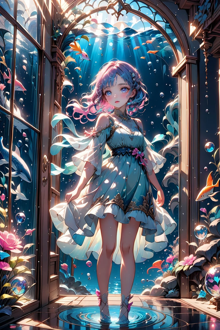 In a majestic glass house, where transparent walls harmonize with the ocean's serenity, a petite girl with vibrant blue curls stands at the edge of the vast window. Her slender hand delicately presses against the cool glass as she gazes in wonder at the mesmerizing raindrops. Each droplet dances and swirls into whimsical shapes, refracting light and casting tiny rainbows across her upturned face.

The underwater world outside is a kaleidoscope of blues and greens, with the beautiful whale's shadow looming. As the sunlight filters through the glass, it casts an ethereal glow on the scene below, where schools of fish dart and seaweed sway in harmony with the ocean's rhythms. The girl's profile is bathed in soft, pastel hues, her eyes shining like tiny stars amidst the dreamlike atmosphere.

Intricate details include glistening droplets of water, vibrant blue and pink hues, and a few purple neon glows emanating from the ocean. The stunning contrast against the girl's skin creates a captivating array of bubbles and waves.
(Fantasy painting, delicate anime, overhead scene, solo girl.)(Zoom in on the girl's cute expression and sparkling eyes.)
((glass house)) the water drops that fell on the amazing glass window and flowed down in tiny streams.