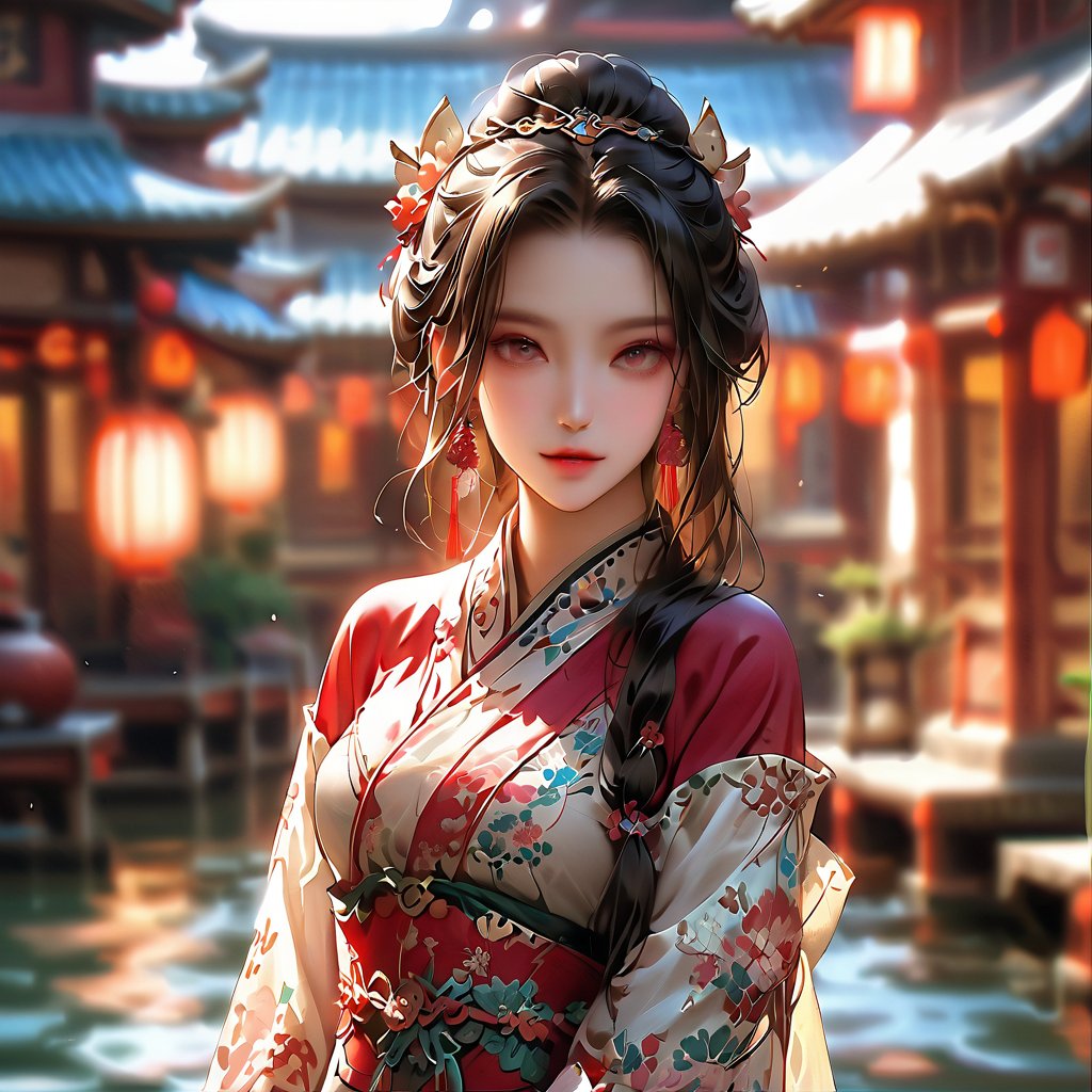 (Chinese architectural scenes, ancient style, streets, immortal worldviews.) 
A stunning portrait of 'Westen Beautiful Lady' serenely plays a Chinese instrument amidst a serene backdrop of gently flowing stream water. Most of the buildings and objects in the scene are made of jade, and the texture of the jade is photographed vividly. A soft, bright light illuminates the scene, and a shallow depth-of-field effect blurs the surroundings. The composition in the center draws attention to the delicate features of the beauty. Reminiscent of the Japanese illustration style. 1girl. solo girl.