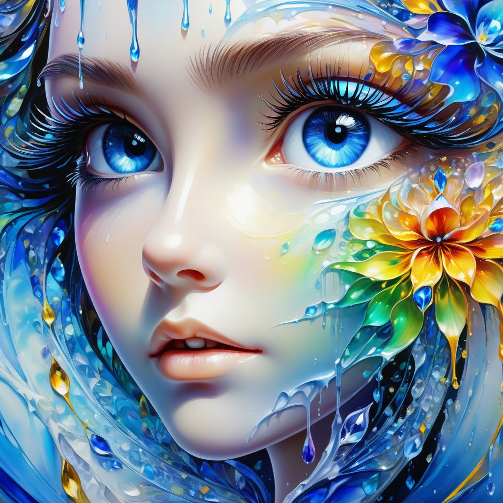 (Close-up)(solo Eye) young girl.
Fractal iris, fantasy beauty, bio chemiluminescence iris, art nouveau, bright colors, kaleidoscope, and prism effects, abstract art, calligraphy patterns, artistic lettering, beautiful scripts, penmanship, visual poetry, cultural, Realistic Blue Eye, DonMM3l4nch0l1cP5ych0XL.

Melting pigments, falling colors, vivid, colorful, fantasy, oil on canvas, Dripping paint.
crystal flower. 
(Proper and reasonable placement of the five senses)