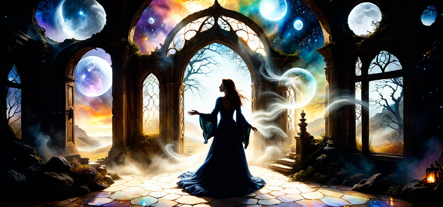 high quality, 8K Ultra HD, high detail, Watercolor, wash technique, colorful, smudge outline, like a fairy tale.
(The Witch's Cottage)(Scene)Within the confines of an extraordinary chamber, an air of enchantment permeates the very atmosphere. 
A colossal floor-to-ceiling window, its frame crafted from polished moonstone, dominates one wall. The walls, adorned with intricate tapestries woven with threads of shimmering moonlight, seem to pulse with an otherworldly energy.
(A beautiful young witch)
From the depths of this ethereal gateway, a figure emerges, her presence radiating an aura of mystical power. A beautiful young witch in a gown of shimmering starlight, steps gracefully through the enchanted doorway. 

With a flick of her wrist, Meli conjures a cascade of shimmering orbs, their glow illuminating the room with an otherworldly radiance.
Meli, the sorceress of this enchanted realm, stands as a testament to the boundless power of imagination.
Resulting in a visually captivating juxtaposition, awesome full color, more detail XL., scenery